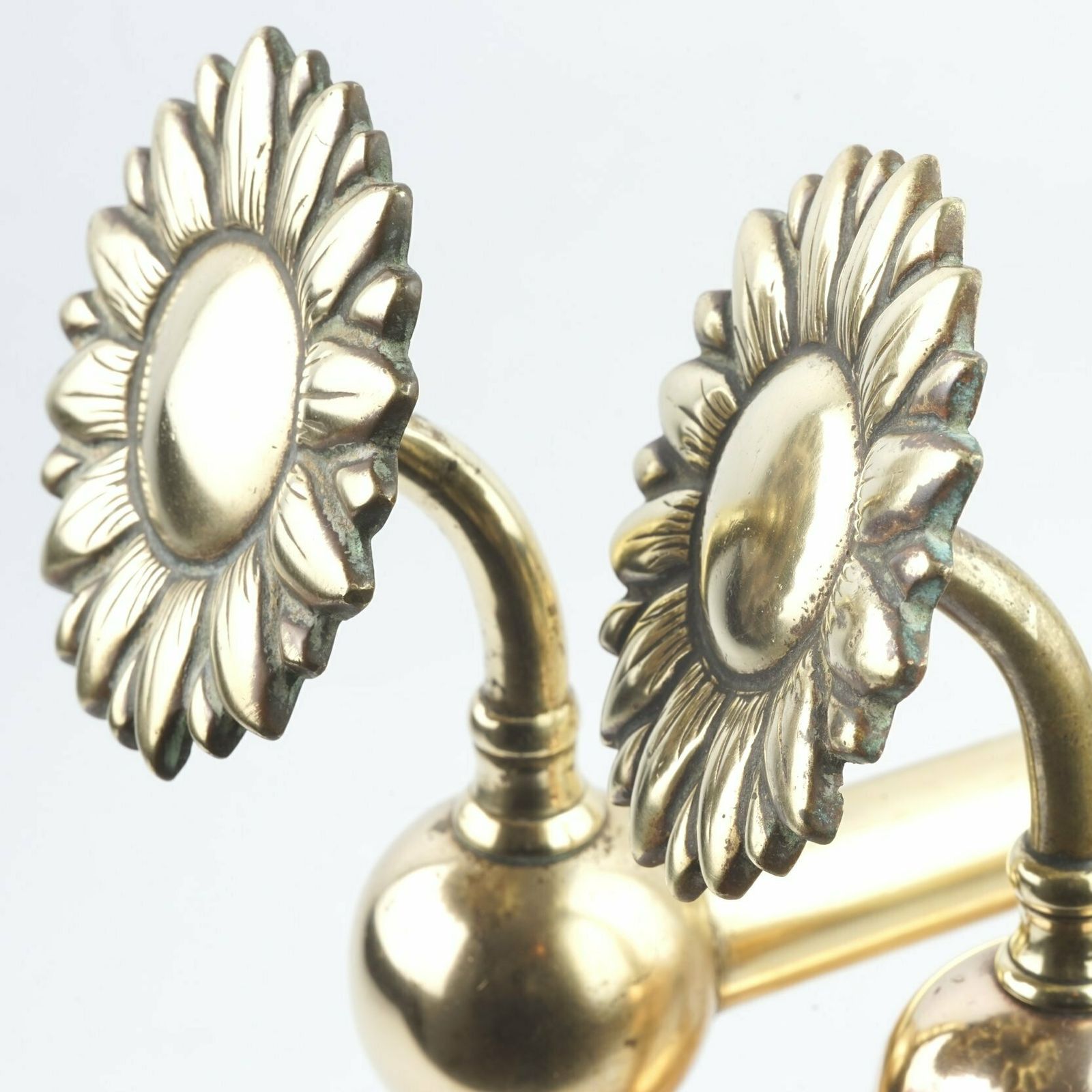 A Pair Of Aesthetic Movement Sunflower Brass Fire Dogs, Circa 1875 photo vinterior