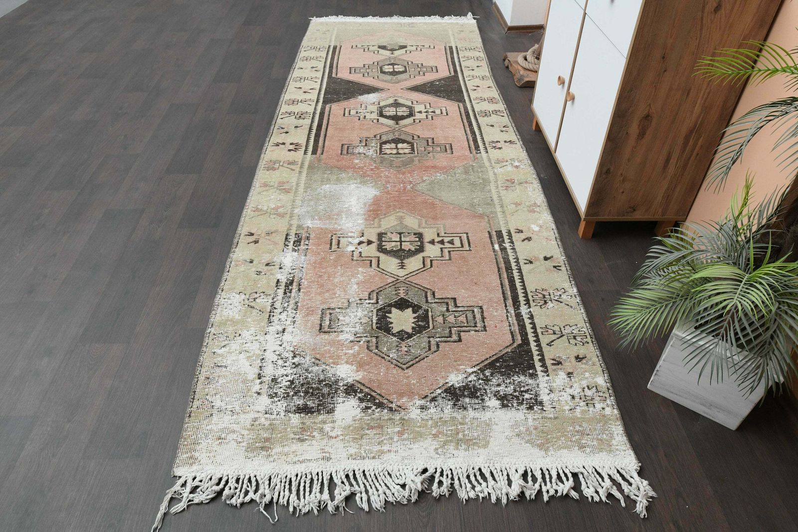 Distressed Pink Beige Vintage Rug, Handmade Turkish Rug, Kitchen Hallway Rug, Oushak Wool Rug, Home Decor, Runner Rug, photo buy