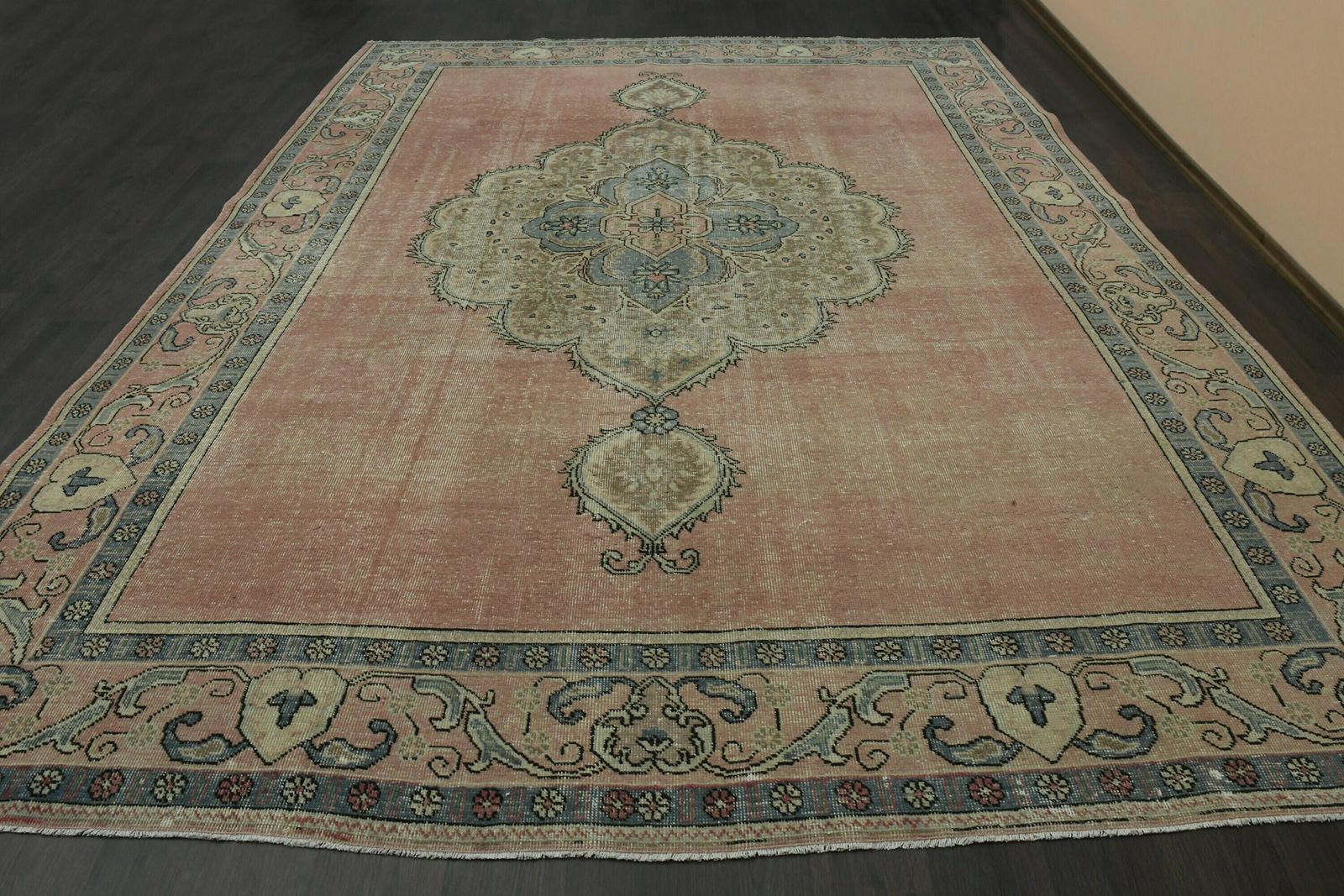 Faded Pink Green Blue Rug, Handmade Turkish Rug, Oversized Rug, Area Rug, Minimalist Rug, Extra Large Rug, Dining Room Rug photo Textiles