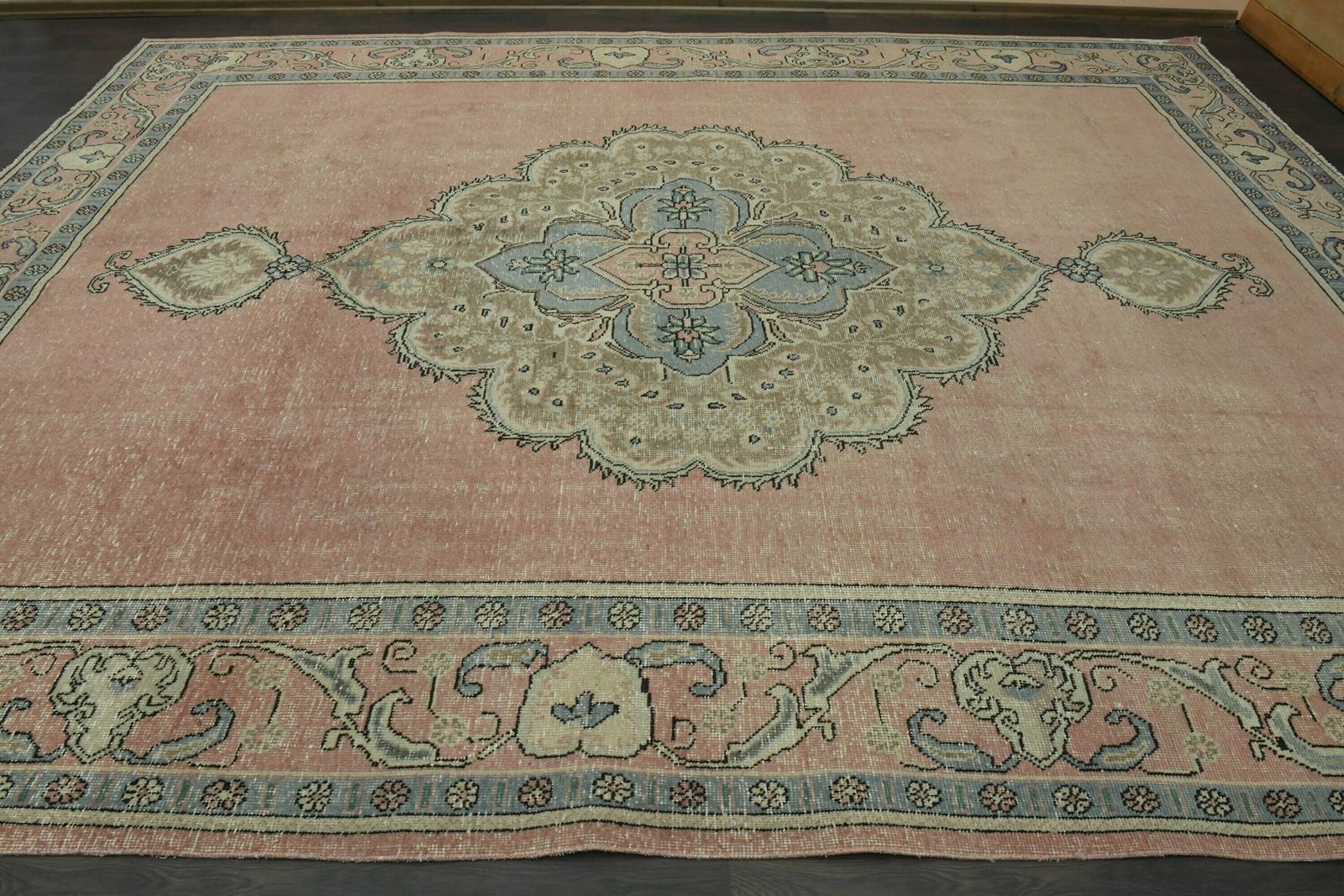 Faded Pink Green Blue Rug, Handmade Turkish Rug, Oversized Rug, Area Rug, Minimalist Rug, Extra Large Rug, Dining Room Rug photo vinterior