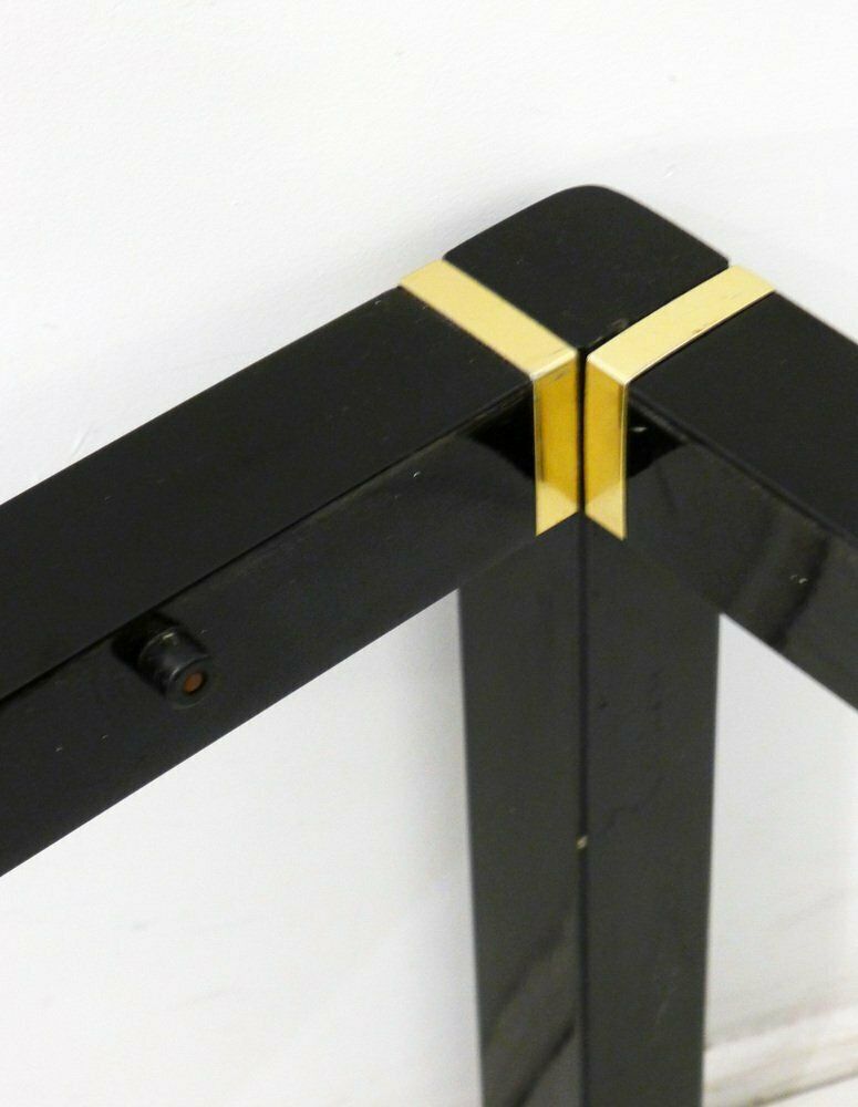 Small Vintage Coffee Table In Black Lacquered Wood And Gold Metal, Smoked Glass Top, 1970s photo vinterior