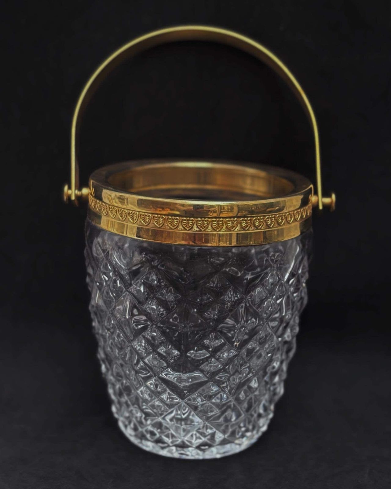 Ice Bucket Heavy Molded Glass French With Golden Metal Handles Mid Century Barware Mixology Tools Bar Cart Hollywood Regency Man Cave Gift