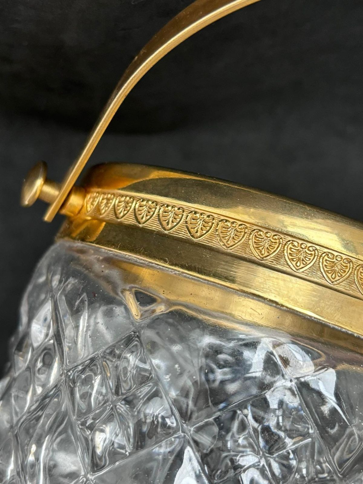 Ice Bucket Heavy Molded Glass French With Golden Metal Handles Mid Century Barware Mixology Tools Bar Cart Hollywood Regency Man Cave Gift photo furniture