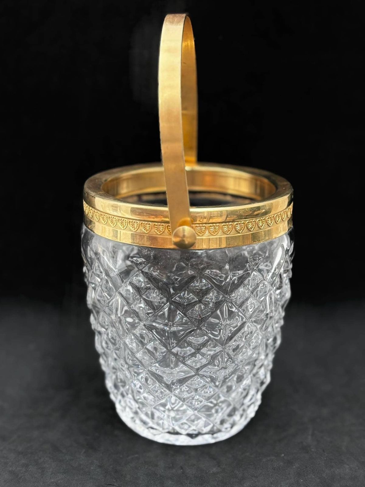 Ice Bucket Heavy Molded Glass French With Golden Metal Handles Mid Century Barware Mixology Tools Bar Cart Hollywood Regency Man Cave Gift photo Home Decor