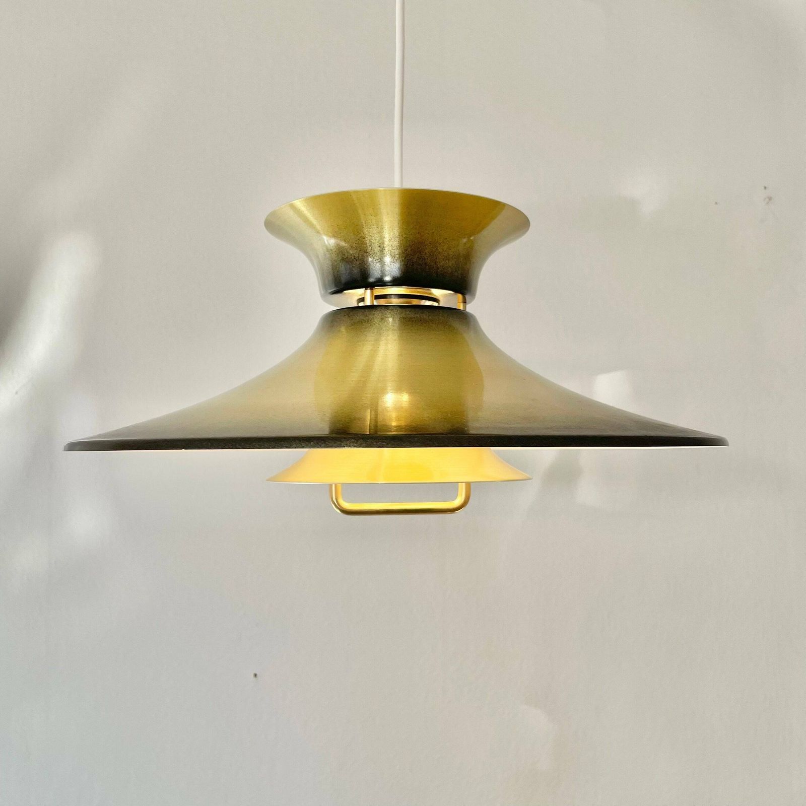 Danish Mid Century Modern Design Minimalist Ceiling Lamp With Gold And Black Painted Multilayer Metal Shades, Trumpet Top And Hanger