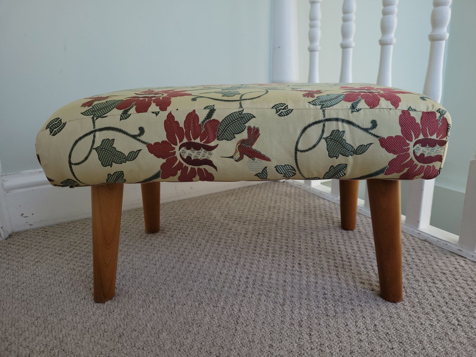 Silk Floral Foostool Wooden Feet photo vintage