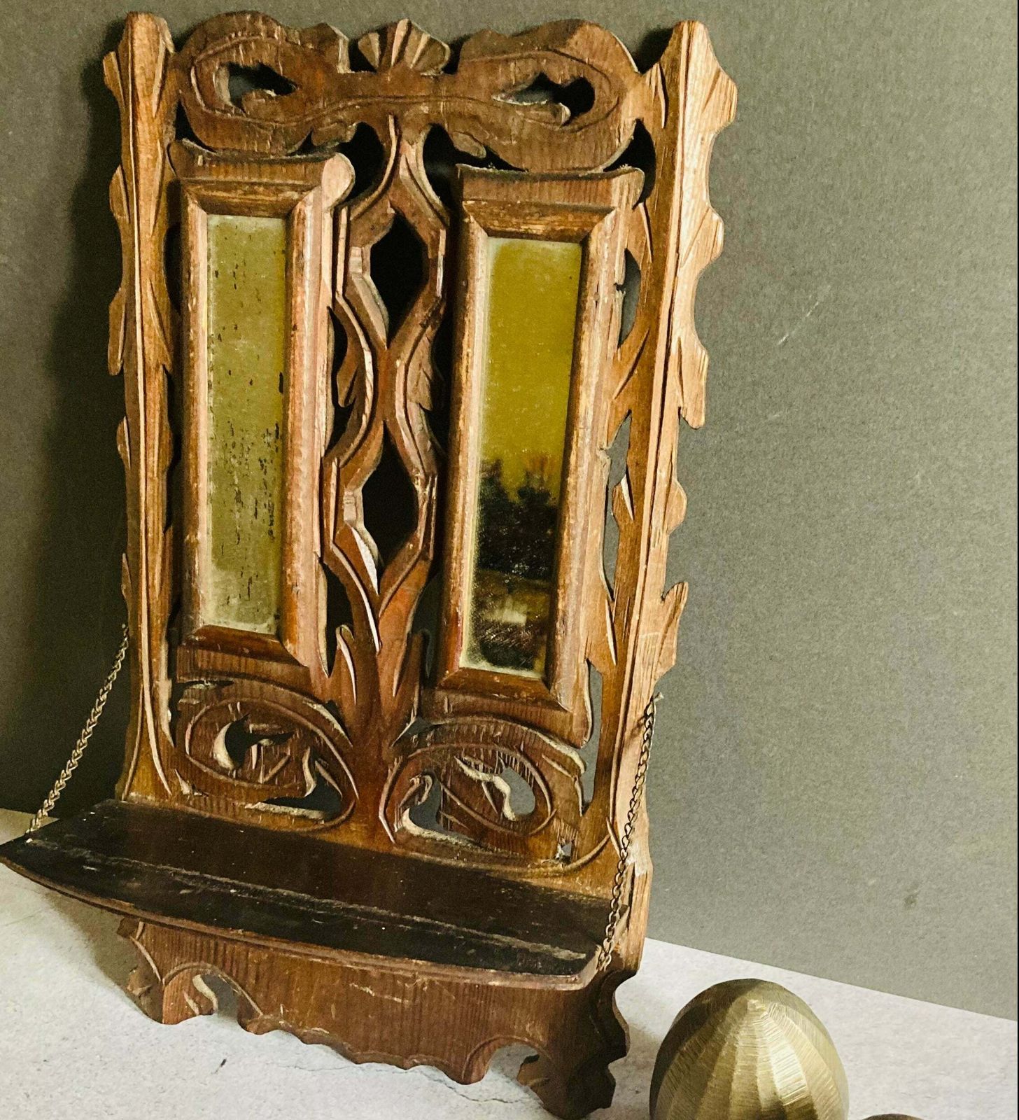 Small Antique Hand Carved Mirrored Display Shelf photo furniture