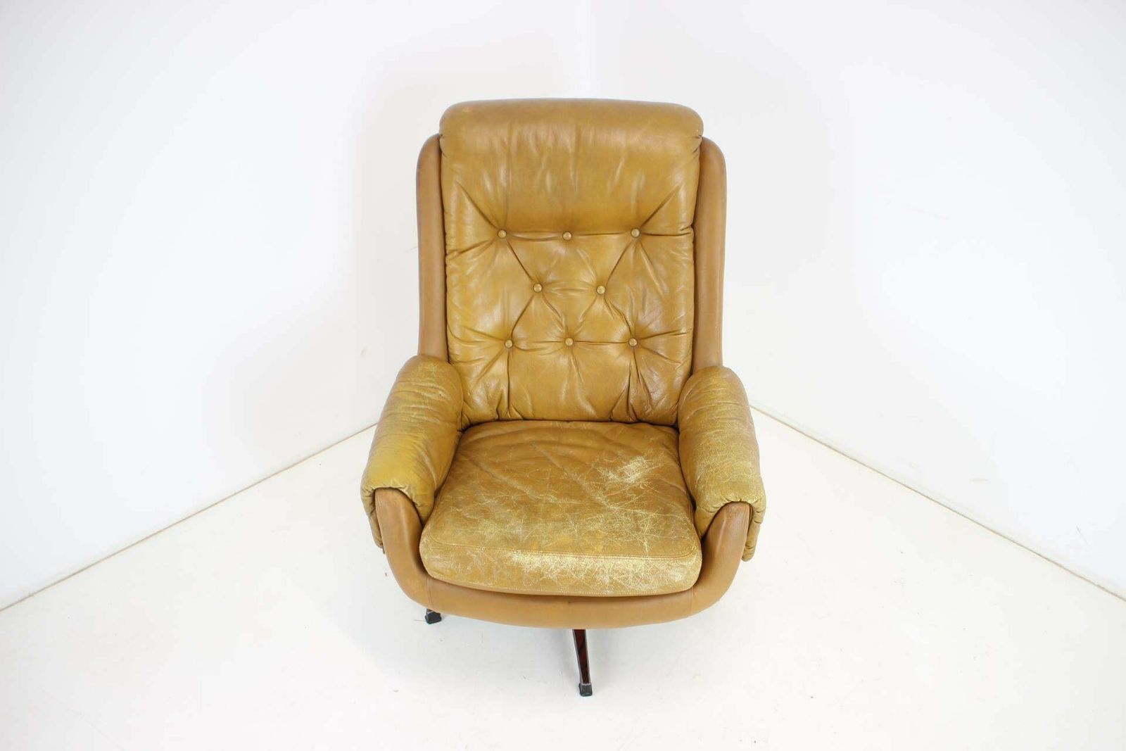 Midcentury Swivel Leather Armchair, Peem, Finland, 1970s photo furniture