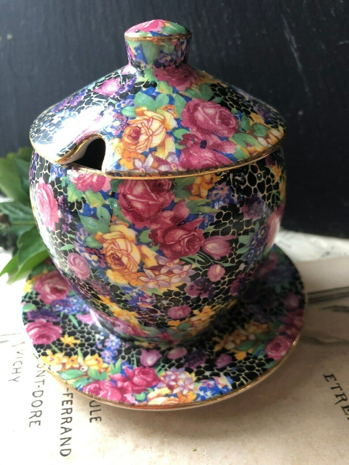 Grimwades Royal Winton 'Hazel' Chintz Preserve Pot With Lid And Attached Saucer C1935 photo Home Decor