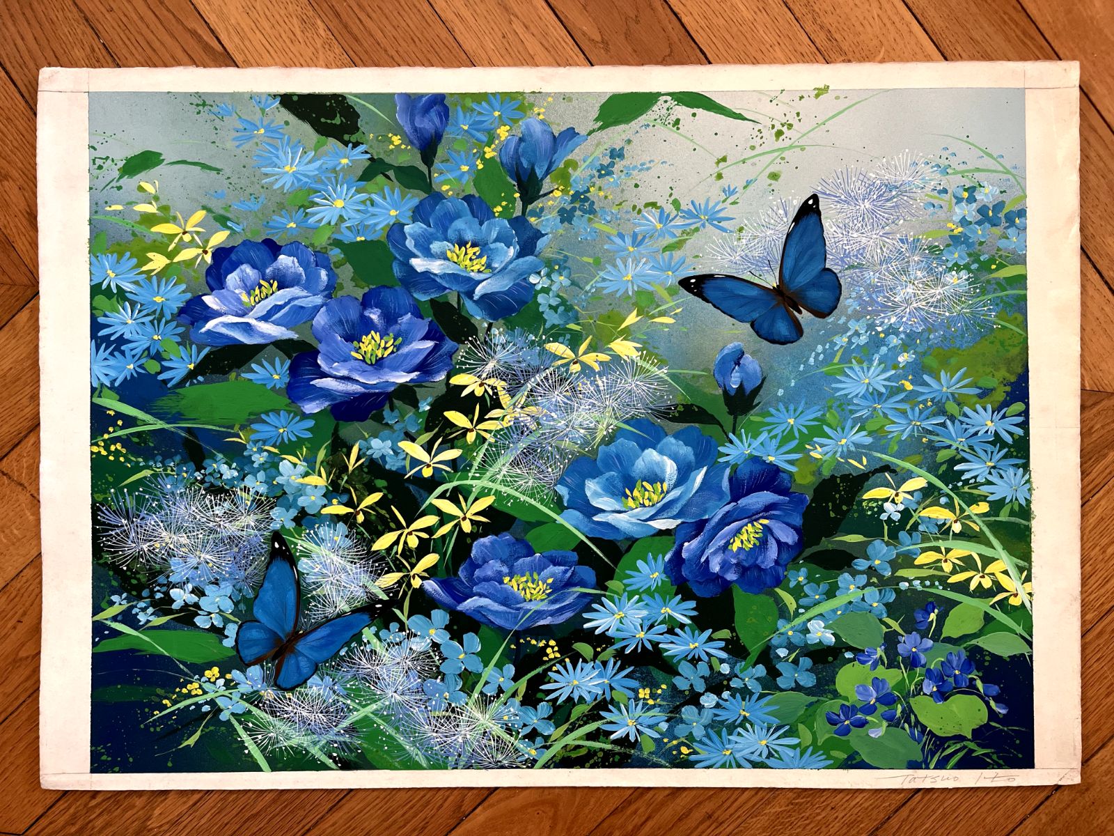 Tatsuo Ito – Tekening In Gouache, Gesigneerd, 1980, Japanse Kunst, Bloemen