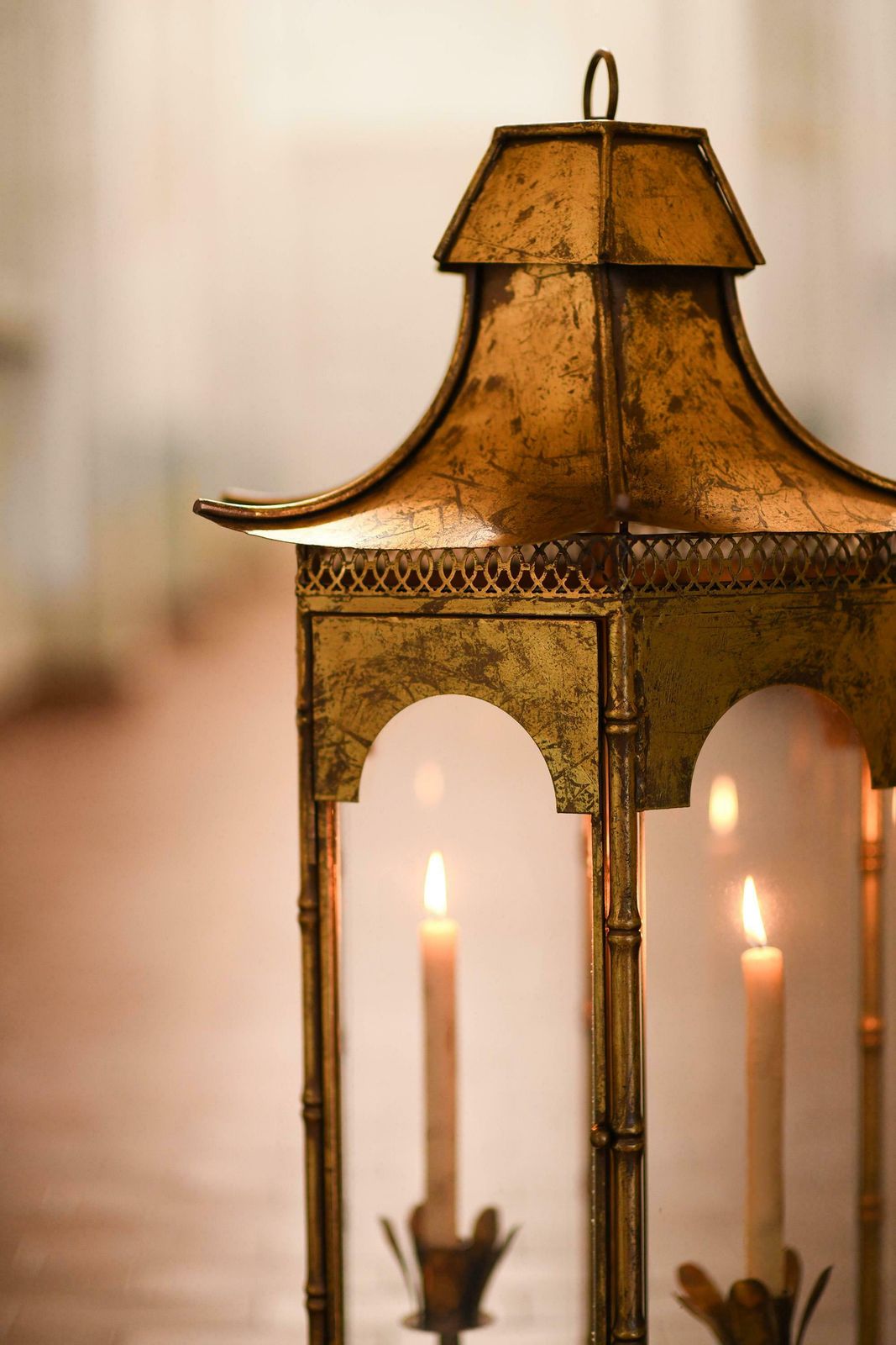 Large Pagoda Shaped French Lantern In Golden Metal From The 1970s photo furniture