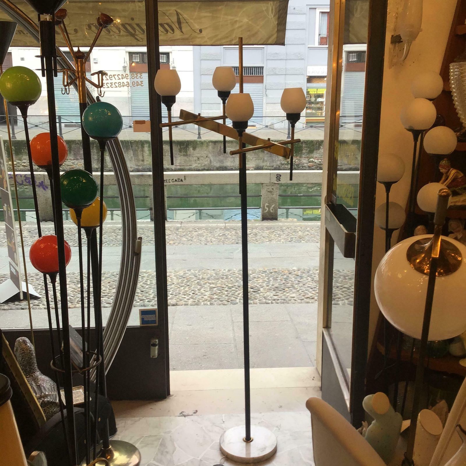 Lighting Stilnovo Floor Lamp Four Light Marble Iron Glass Brass, Italy photo