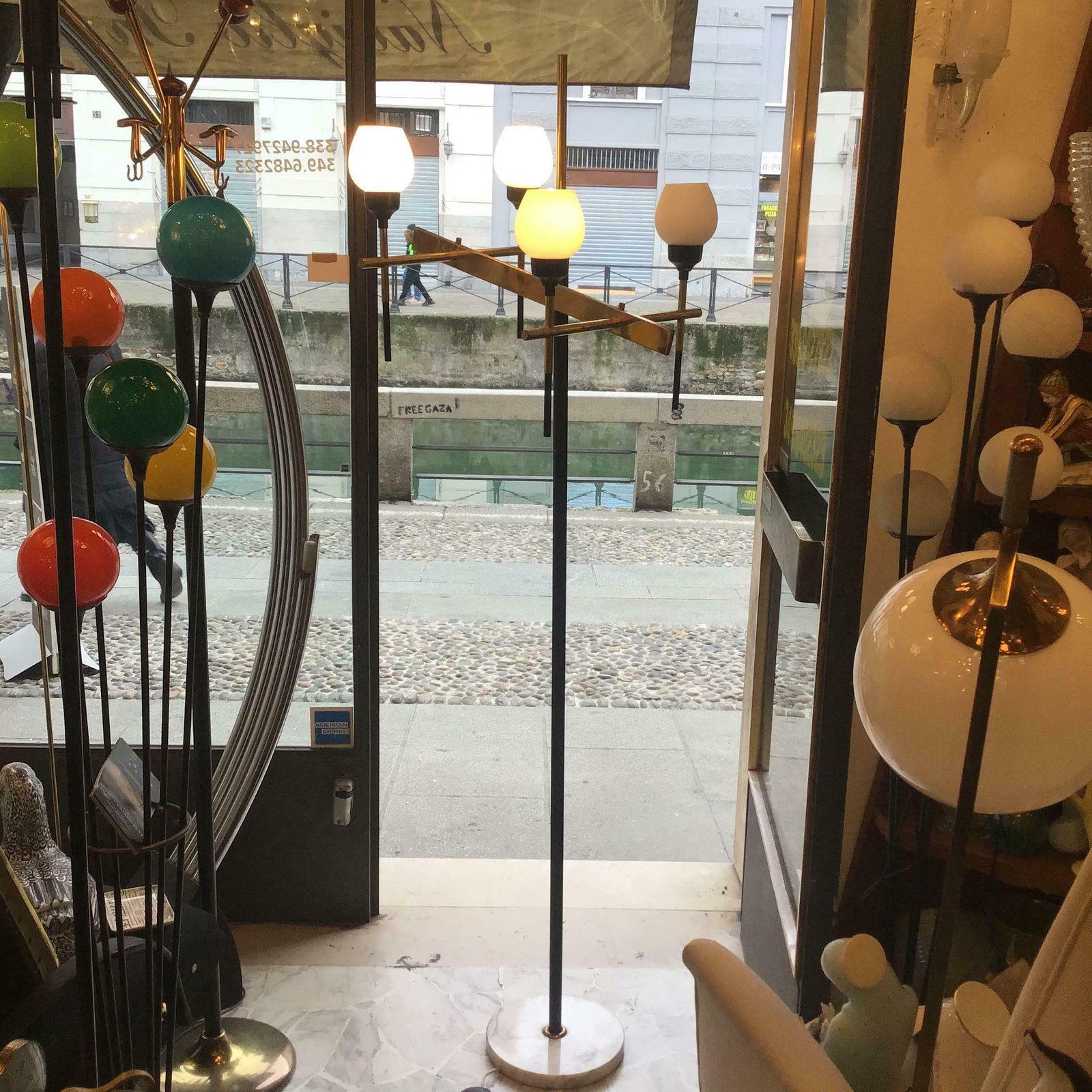 4804.0 Stilnovo Floor Lamp Four Light Marble Iron Glass Brass, Italy photo