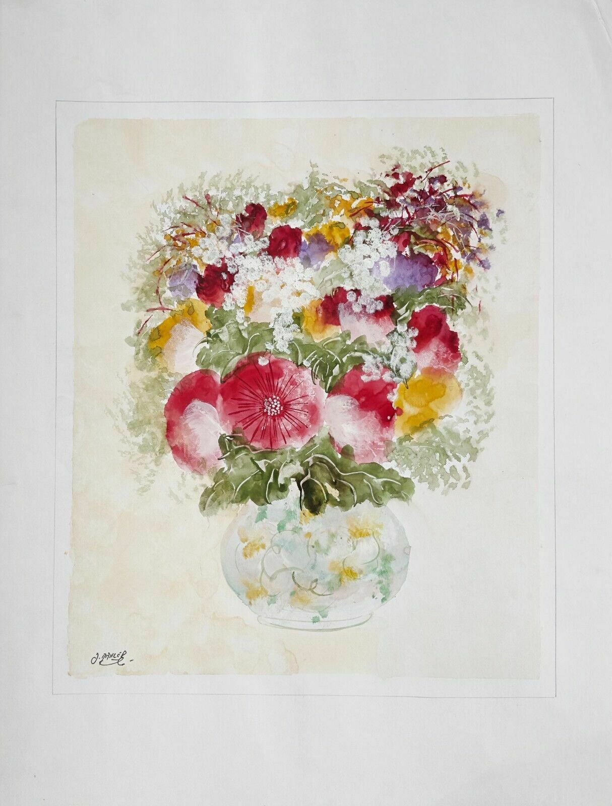 Jean Mahler   Signed Drawing In Watercolor And Gouache Bouquet Of Flowers Painting