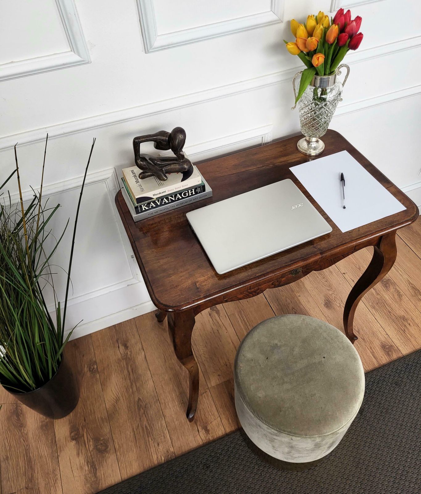 Antique Italian Walnut Desk Side Table With Cabriole Carved Legs photo Furniture
