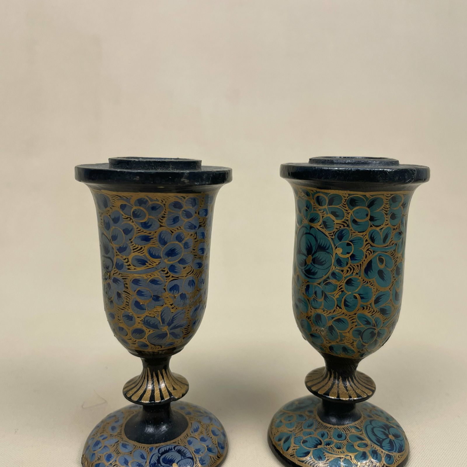 Antique Pair Of Wooden Lacquered Wood Candlestick Candle Stick Vintage Column Taper Dinner Candlesticks Floral Hand Painted Patterned photo furniture