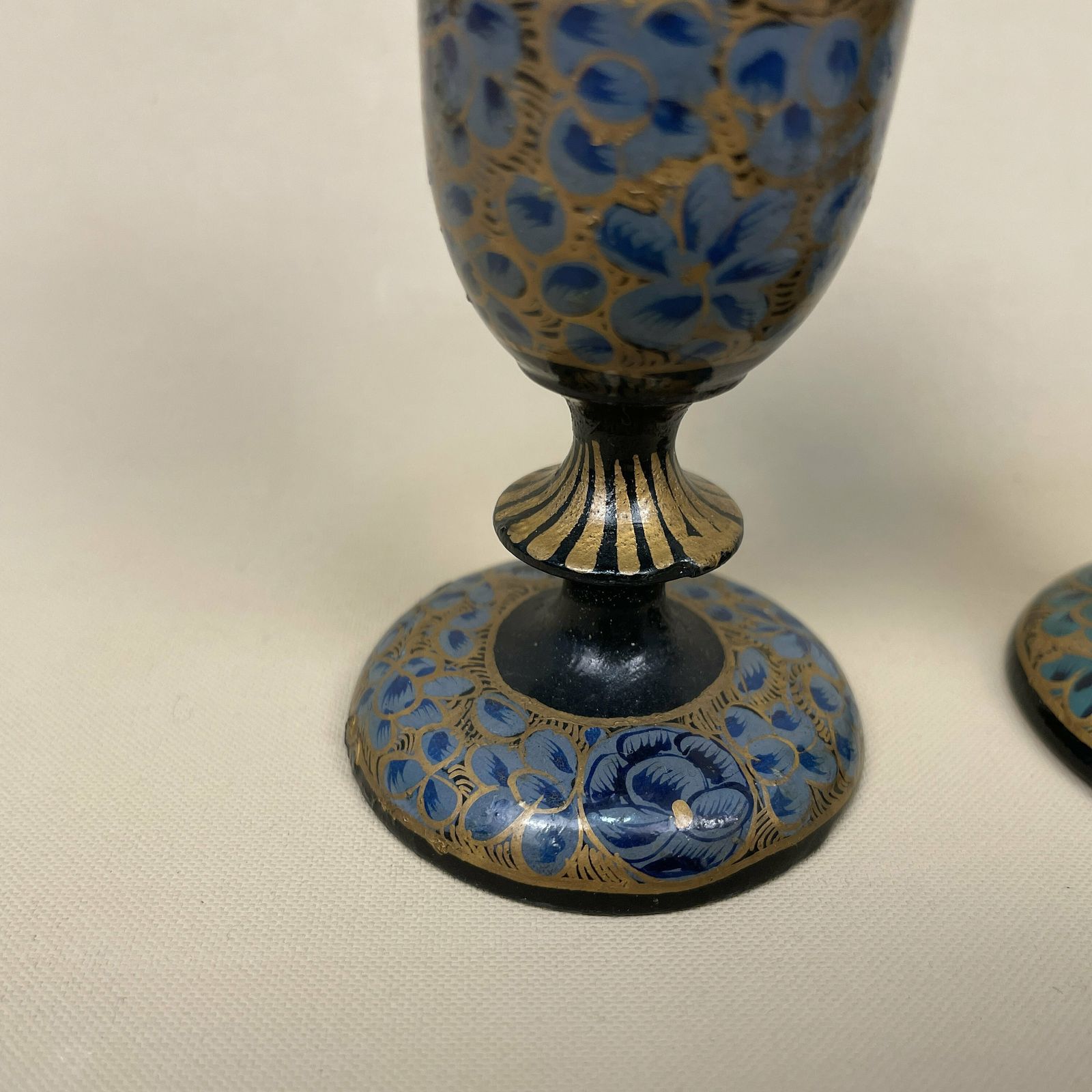 Antique Pair Of Wooden Lacquered Wood Candlestick Candle Stick Vintage Column Taper Dinner Candlesticks Floral Hand Painted Patterned photo vinterior