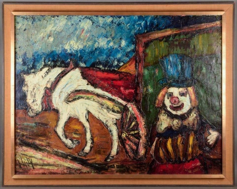 Henry Maurice D'anty. Oil On Canvas. Clown And Horse Drawn Carriage. photo furniture