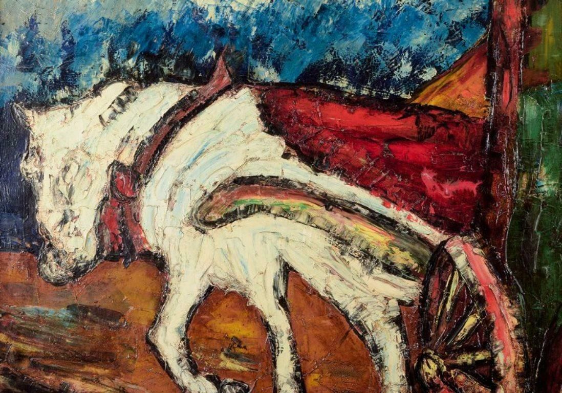 Henry Maurice D'anty. Oil On Canvas. Clown And Horse Drawn Carriage. photo Art