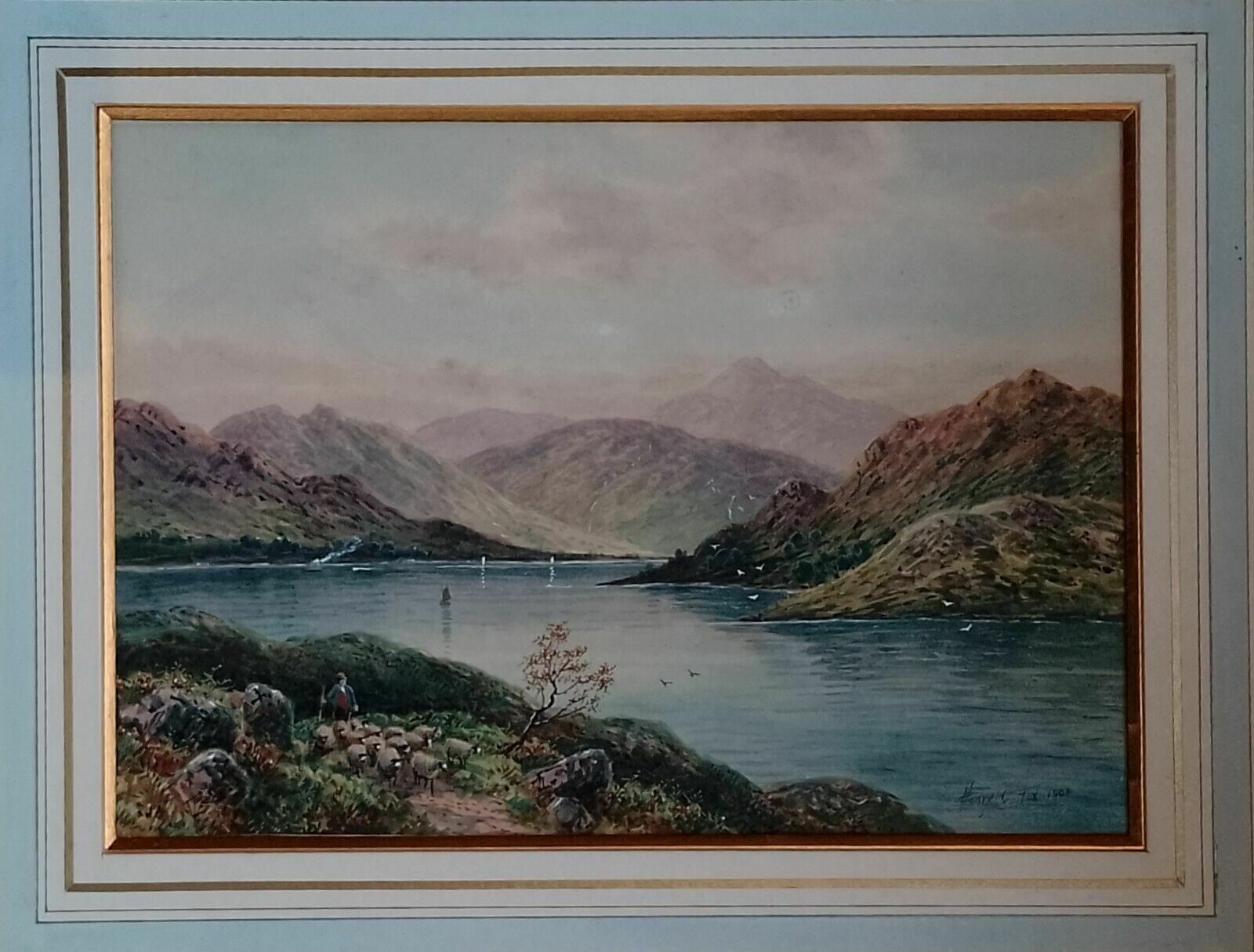 Antique Watercolour Painting Loch Goyle Scotland Signed Henry Charles Fox 1904 photo furniture