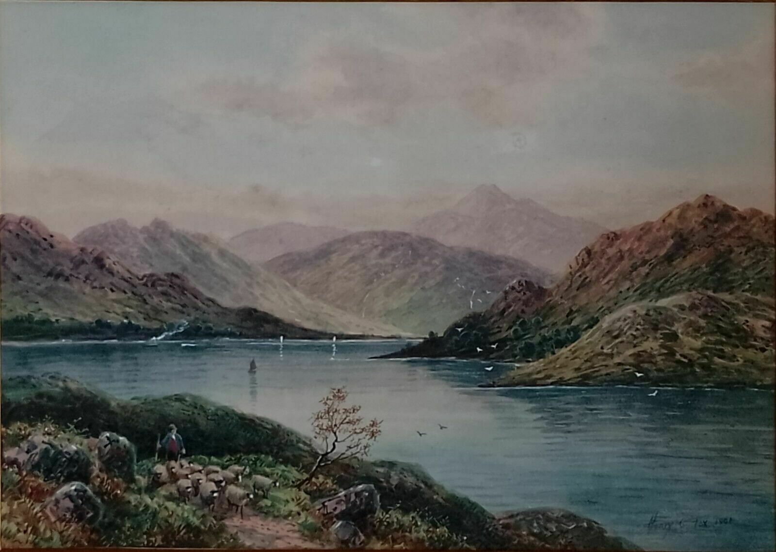 Antique Watercolour Painting Loch Goyle Scotland Signed Henry Charles Fox 1904 photo vinterior