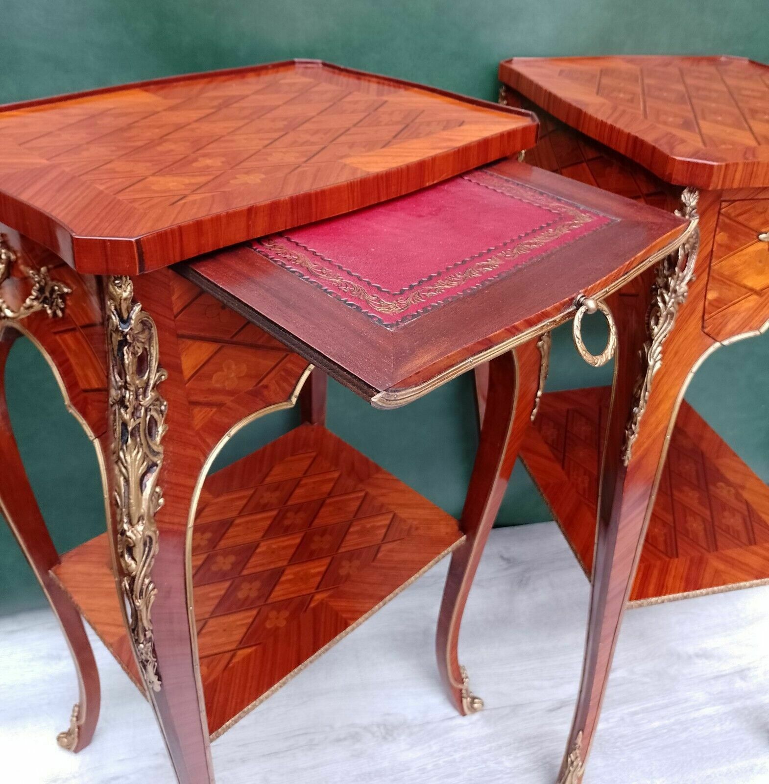 photo vinterior Pair Antique Revival French Empire Ormolu Kingwood Bedside Nightstands Side End Lamp Tables