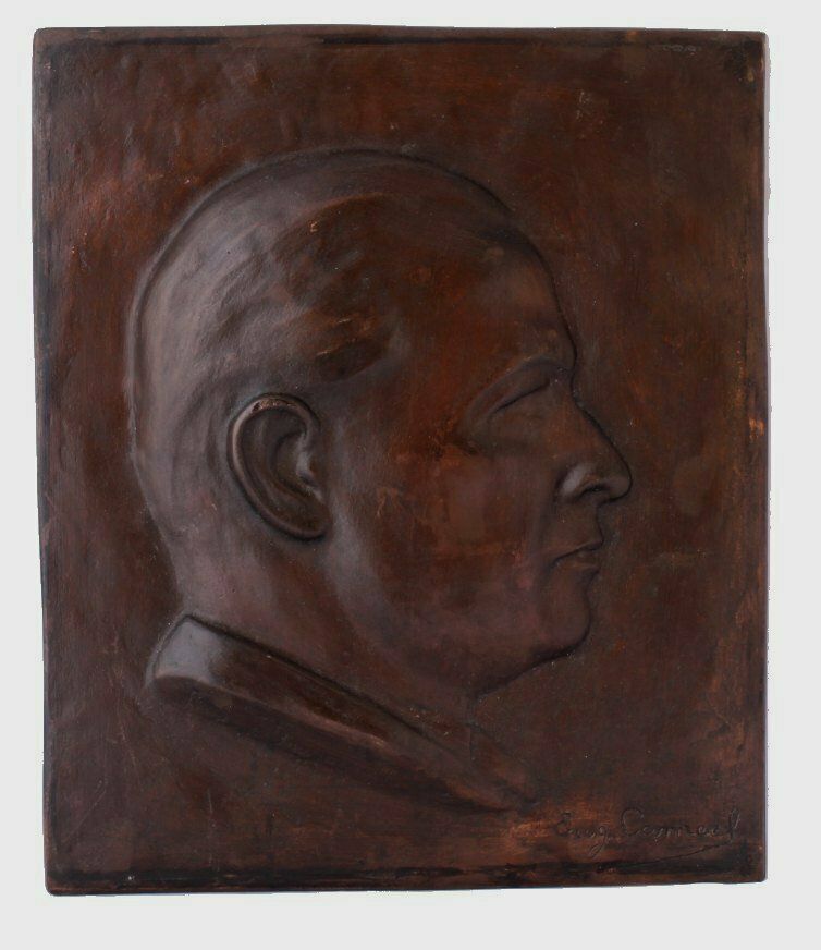 Bronze Plaque Male Portrait Signed Eugene Canneel. Mans Head Art C1920. photo vintage