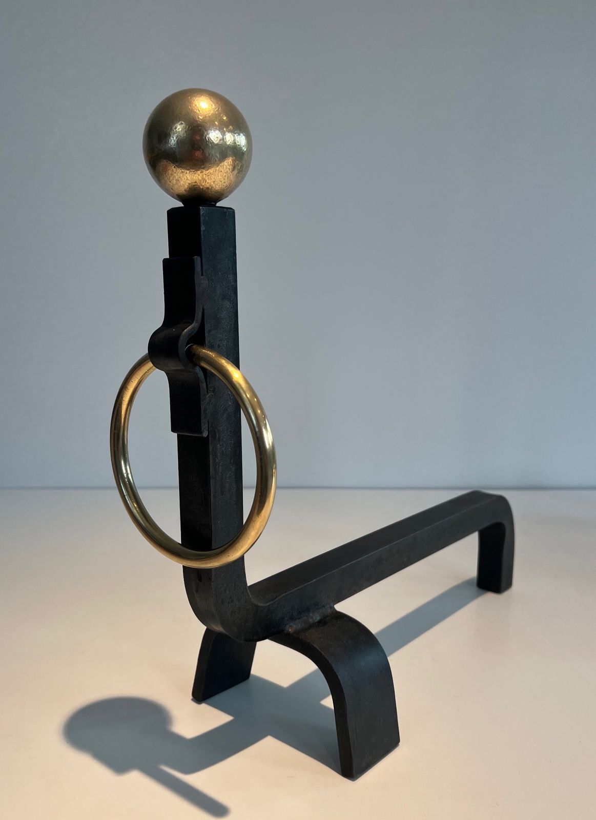 Pair Of Wrought Iron And Brass Andirons In The Taste Of Jacques Adnet photo buy