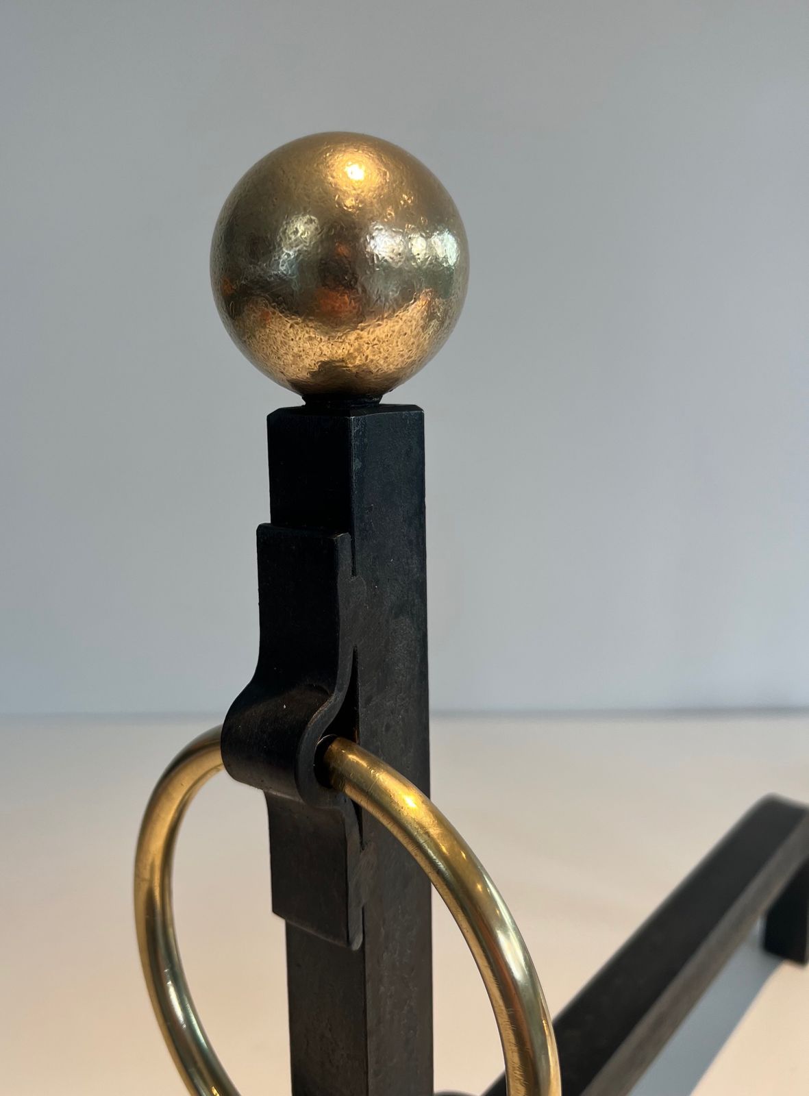 photo buy Pair Of Wrought Iron And Brass Andirons In The Taste Of Jacques Adnet