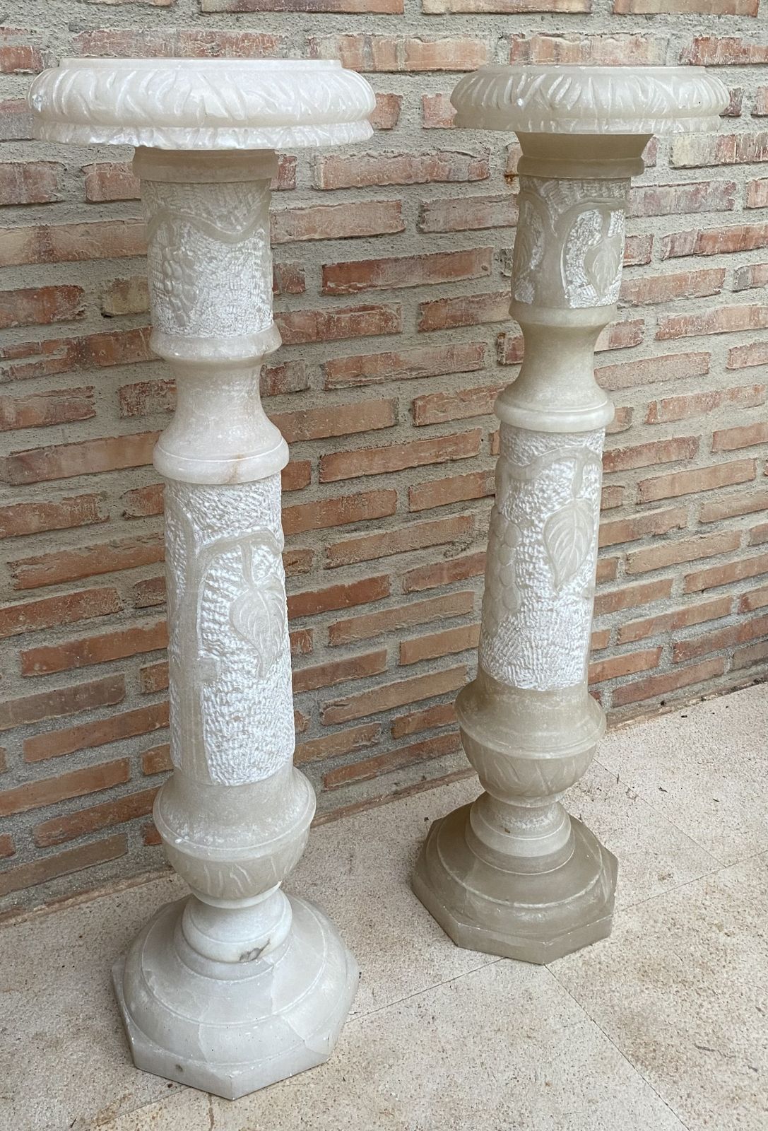 Pair Of Italian Empire Carved Carrara Marble Pedestal Tables, Sculpture Stands Or Columns photo for sale