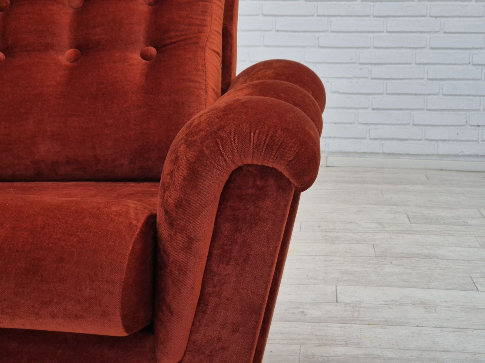 1980s, Danish Set Of 2 Relax Armchairs In Original Very Good Condition, Brown/Red Furniture Velour. photo buy
