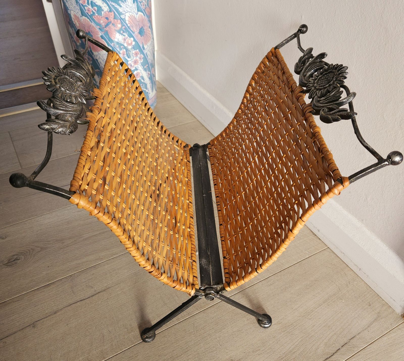Mid Century, Rattan & Metal, Folding Magazine Rack