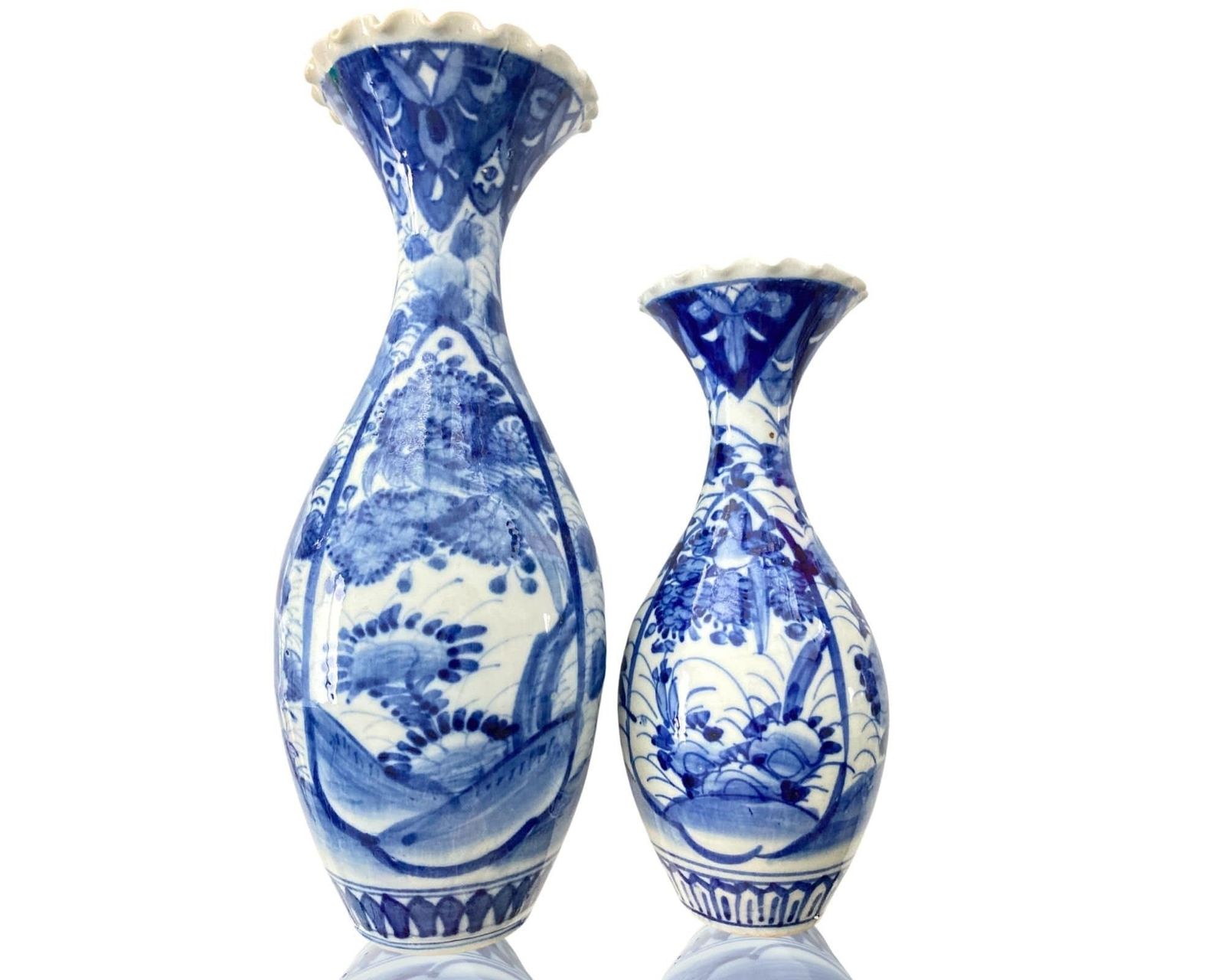 Pair Blue And White Vases | 2pcs | Antique Japanese Collar| Hand Painted | Ca 1900
