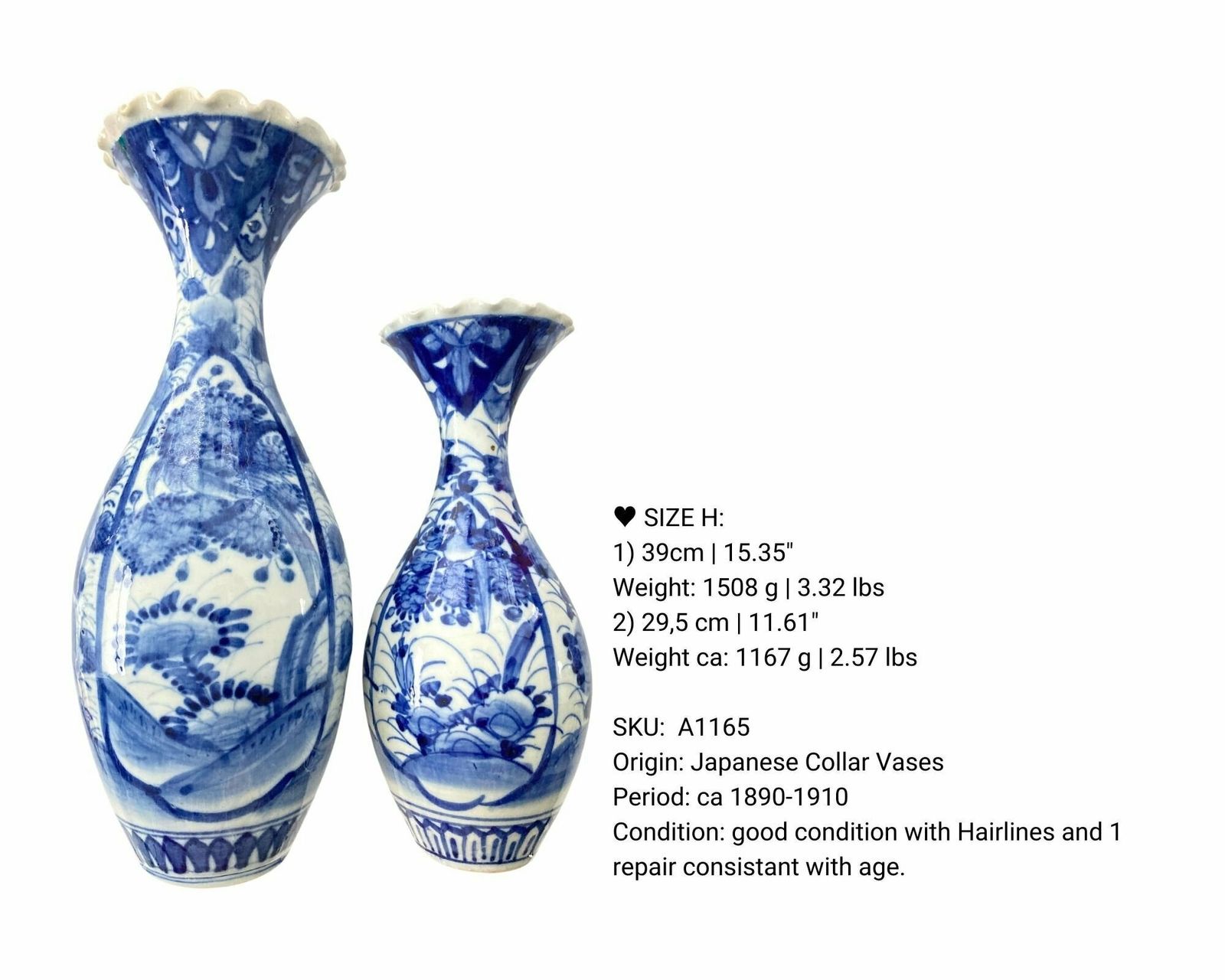 Pair Blue And White Vases | 2pcs | Antique Japanese Collar| Hand Painted | Ca 1900 photo Home Decor