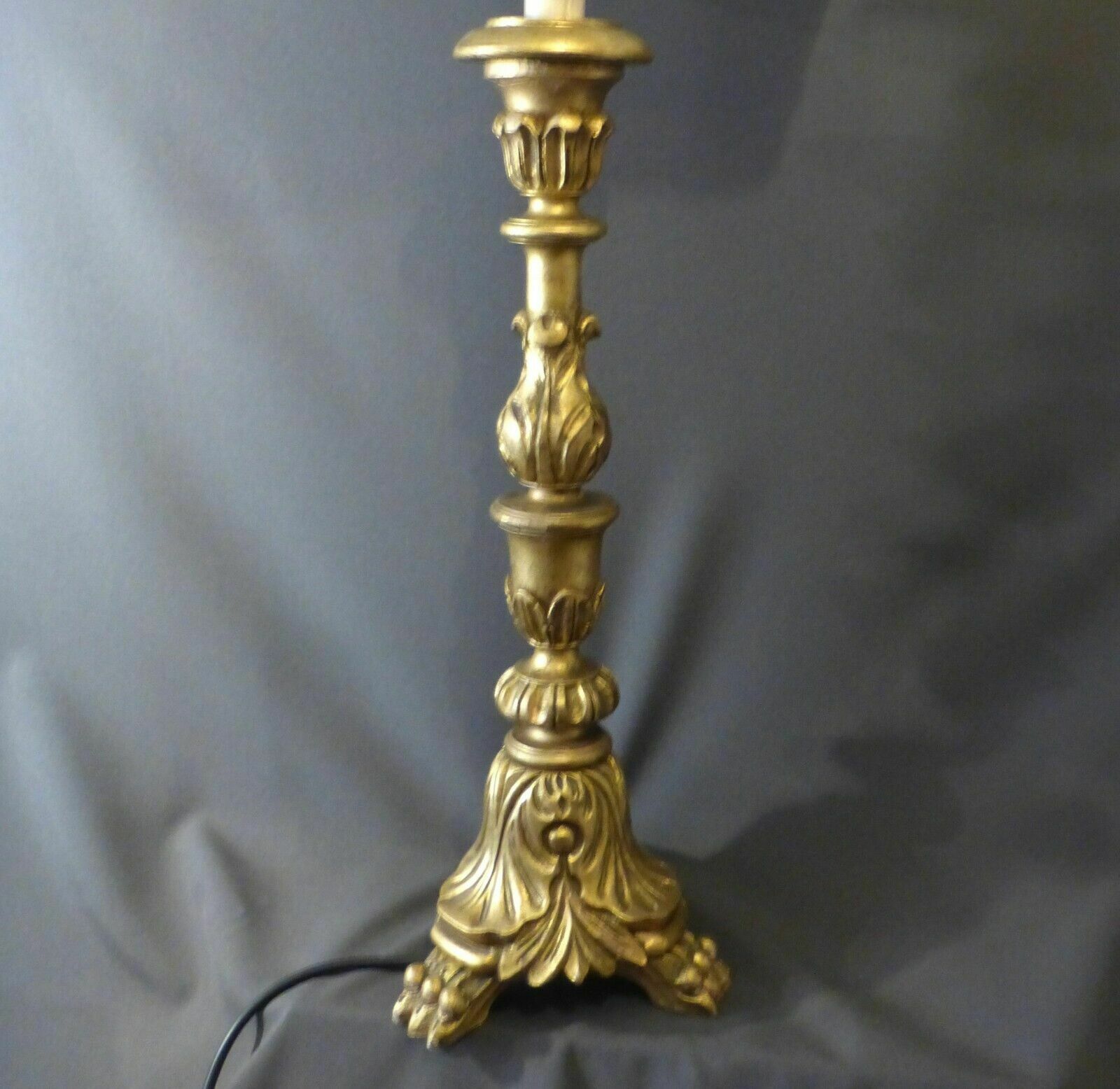 Old Tall Italian Gold Carved Wooden Altar Candle Table Lamp Shade Fully Working photo furniture