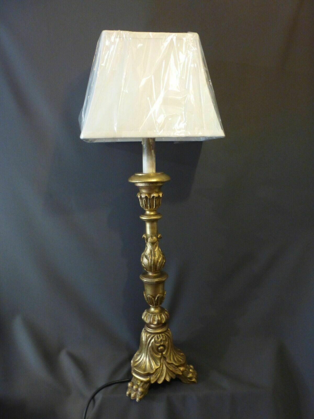 Old Tall Italian Gold Carved Wooden Altar Candle Table Lamp Shade Fully Working photo for sale