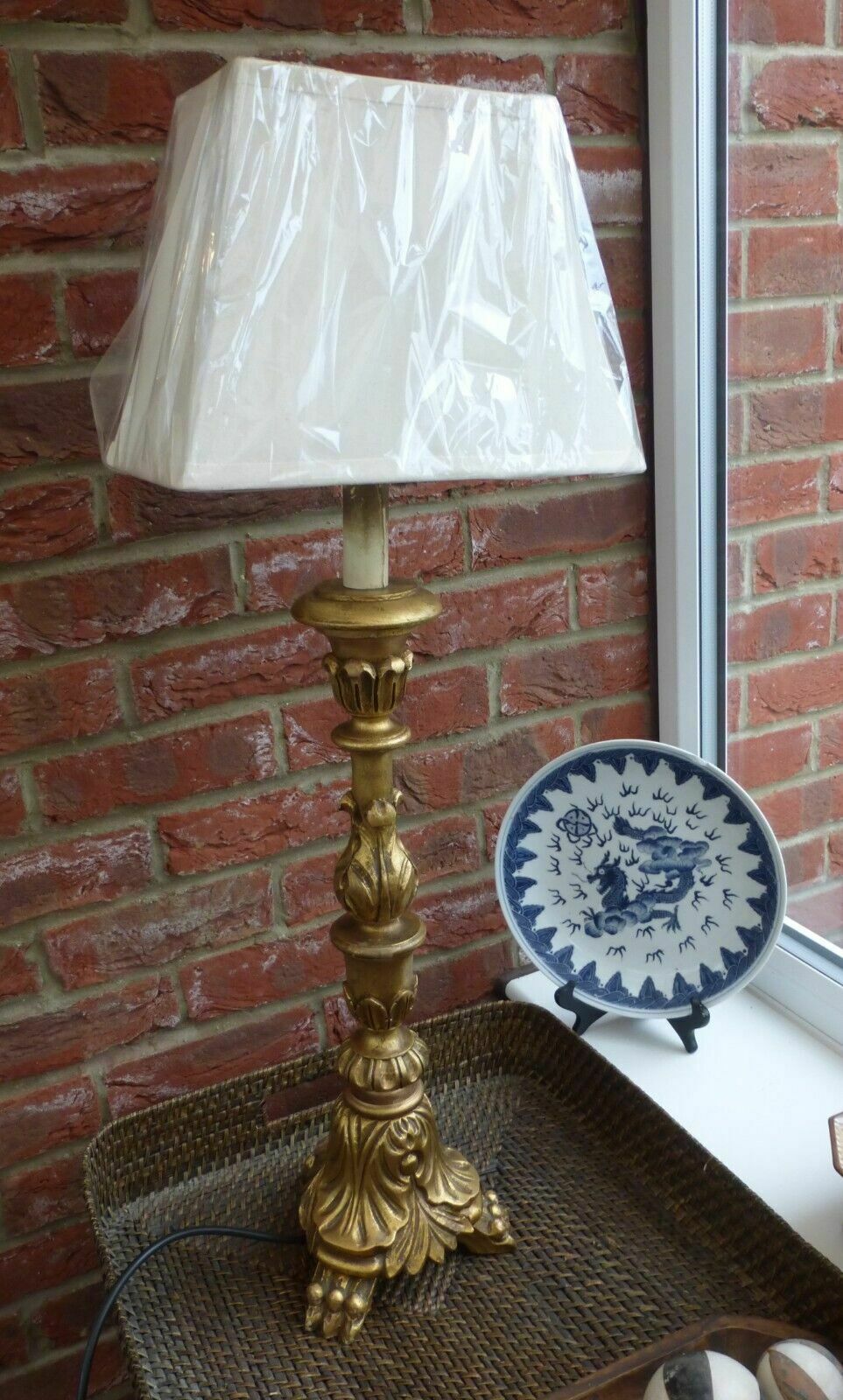 Old Tall Italian Gold Carved Wooden Altar Candle Table Lamp Shade Fully Working photo Lighting