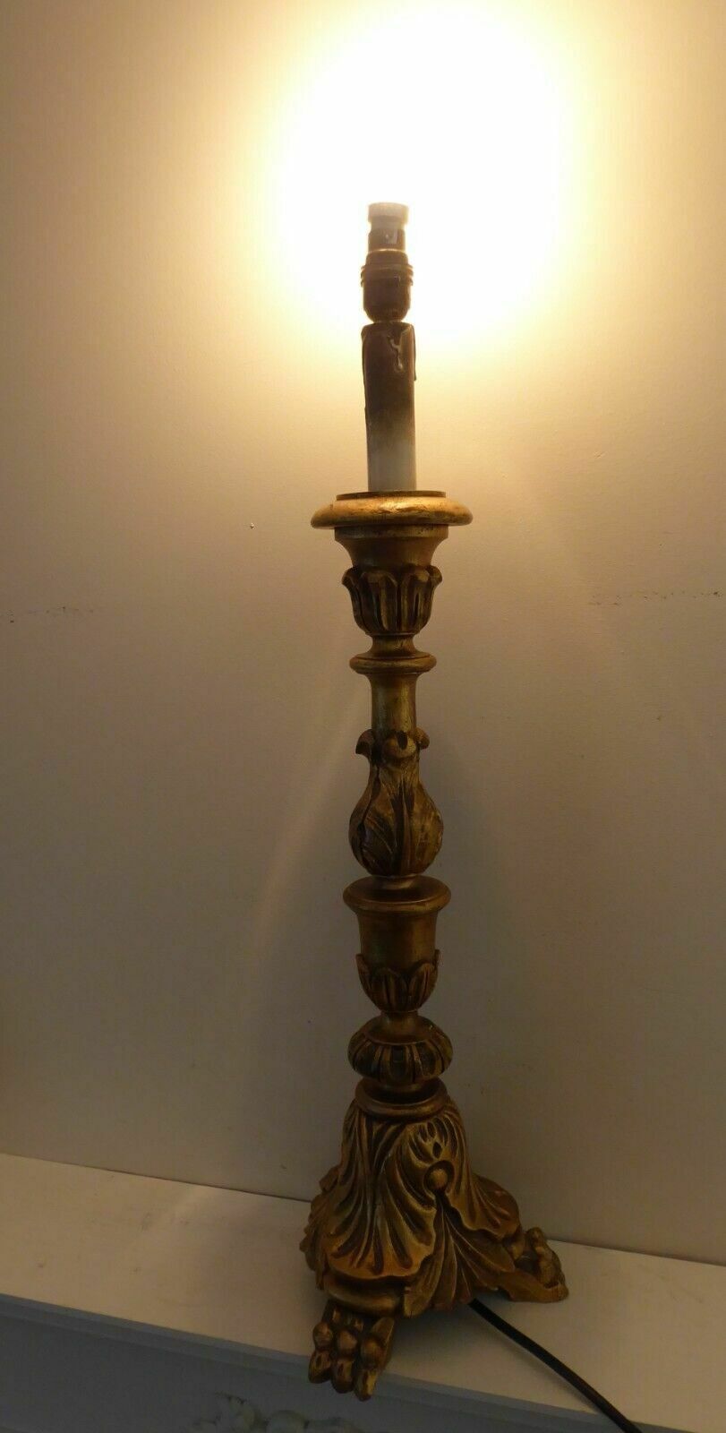Lighting Old Tall Italian Gold Carved Wooden Altar Candle Table Lamp Shade Fully Working photo