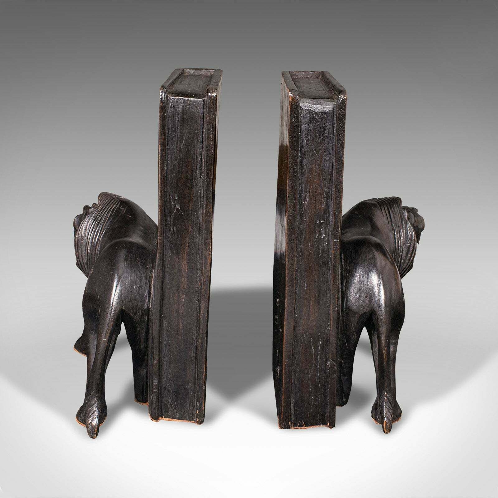 Pair Of Antique Carved Lion Bookends, Oriental, Ebonised, Book Rest, Victorian photo for sale