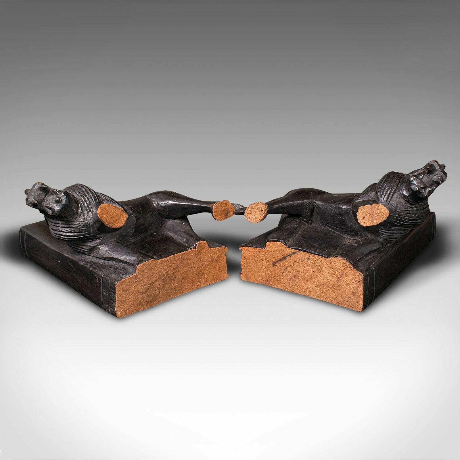 photo for sale Pair Of Antique Carved Lion Bookends, Oriental, Ebonised, Book Rest, Victorian