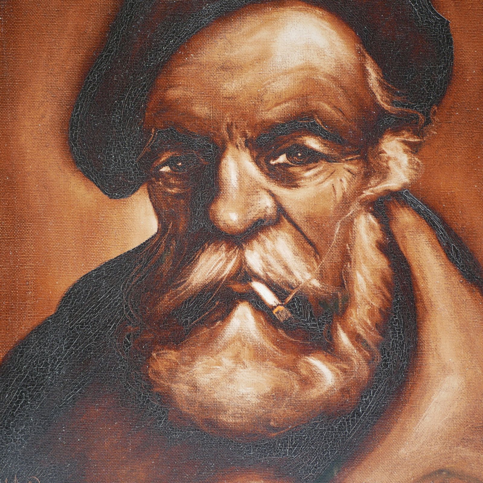 Oil On Canvas 'Vieil Homme Avec Une Cigarette' Old Man With Cigarette Vintage French Portrait Framed Painting photo for sale