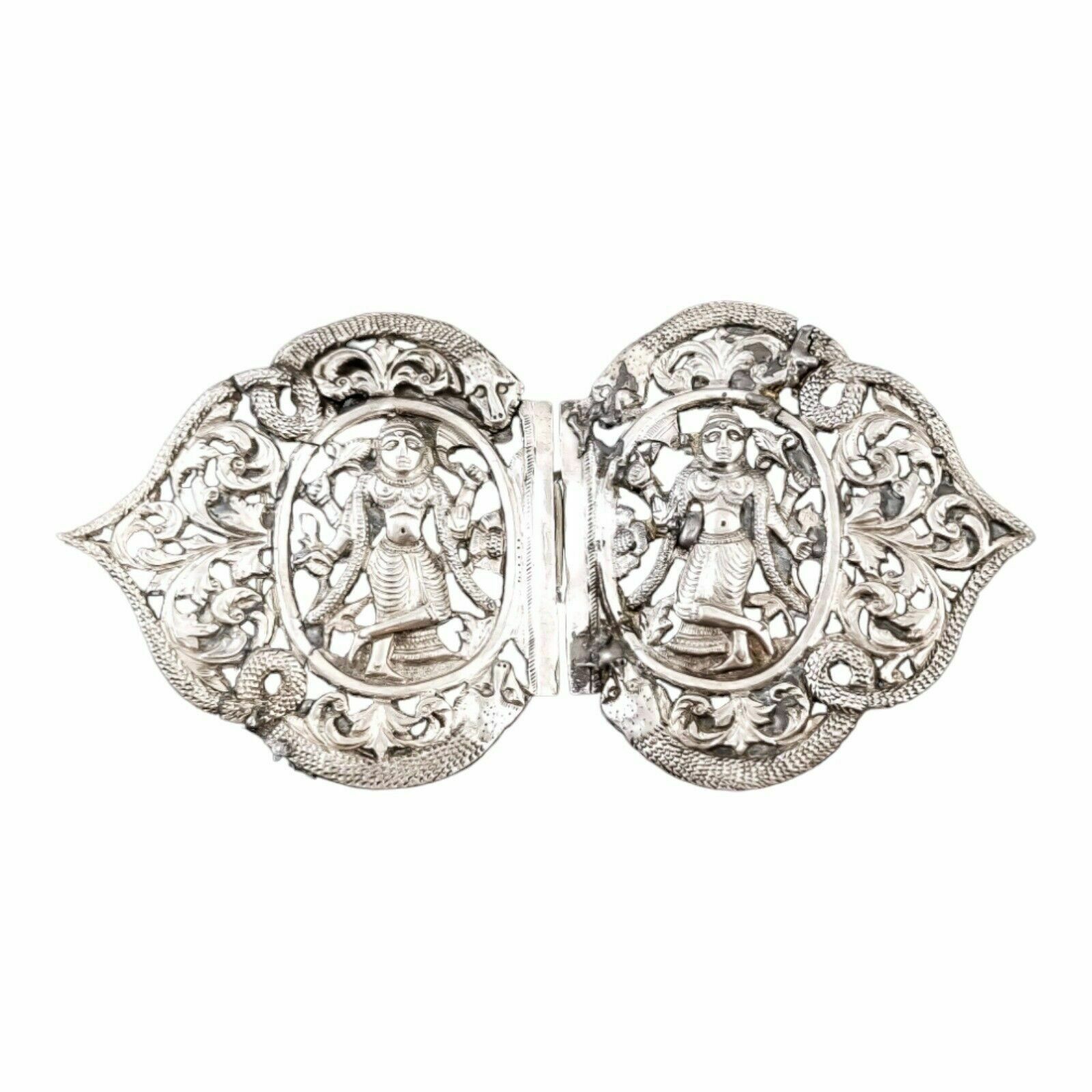 Antique Indian / Burmese Colonial Silver Belt Buckle   Deities, Snakes, Foliage photo furniture