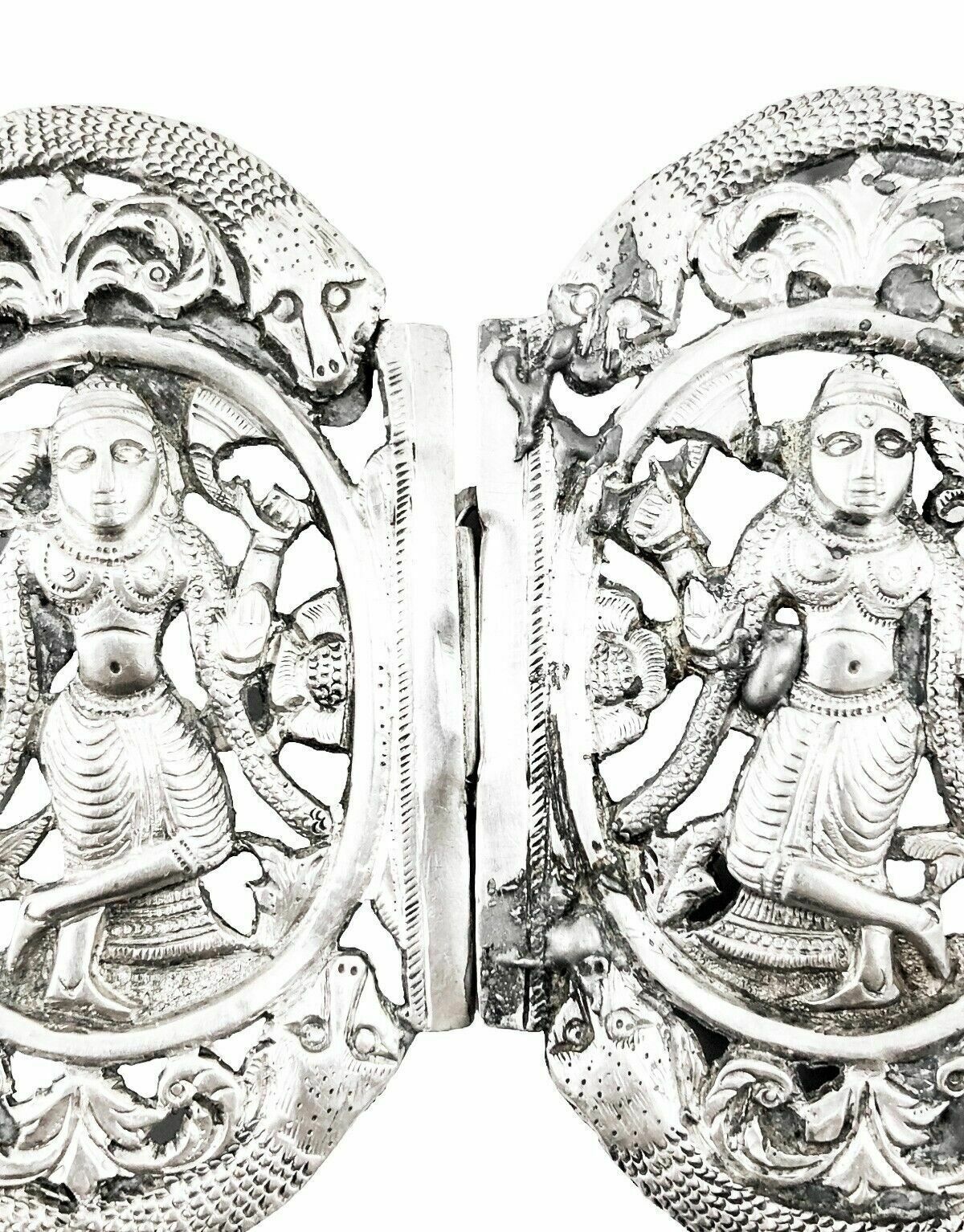 Antique Indian / Burmese Colonial Silver Belt Buckle   Deities, Snakes, Foliage photo vintage