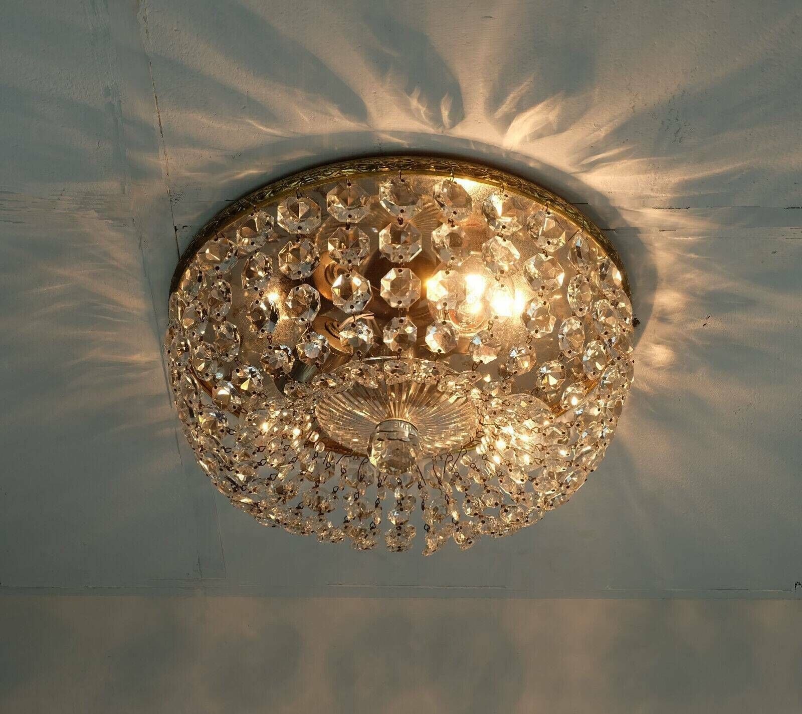 Crystal Glass Palwa Plafoniere Brass Metal 60s Hollywood Regency Style photo Lighting