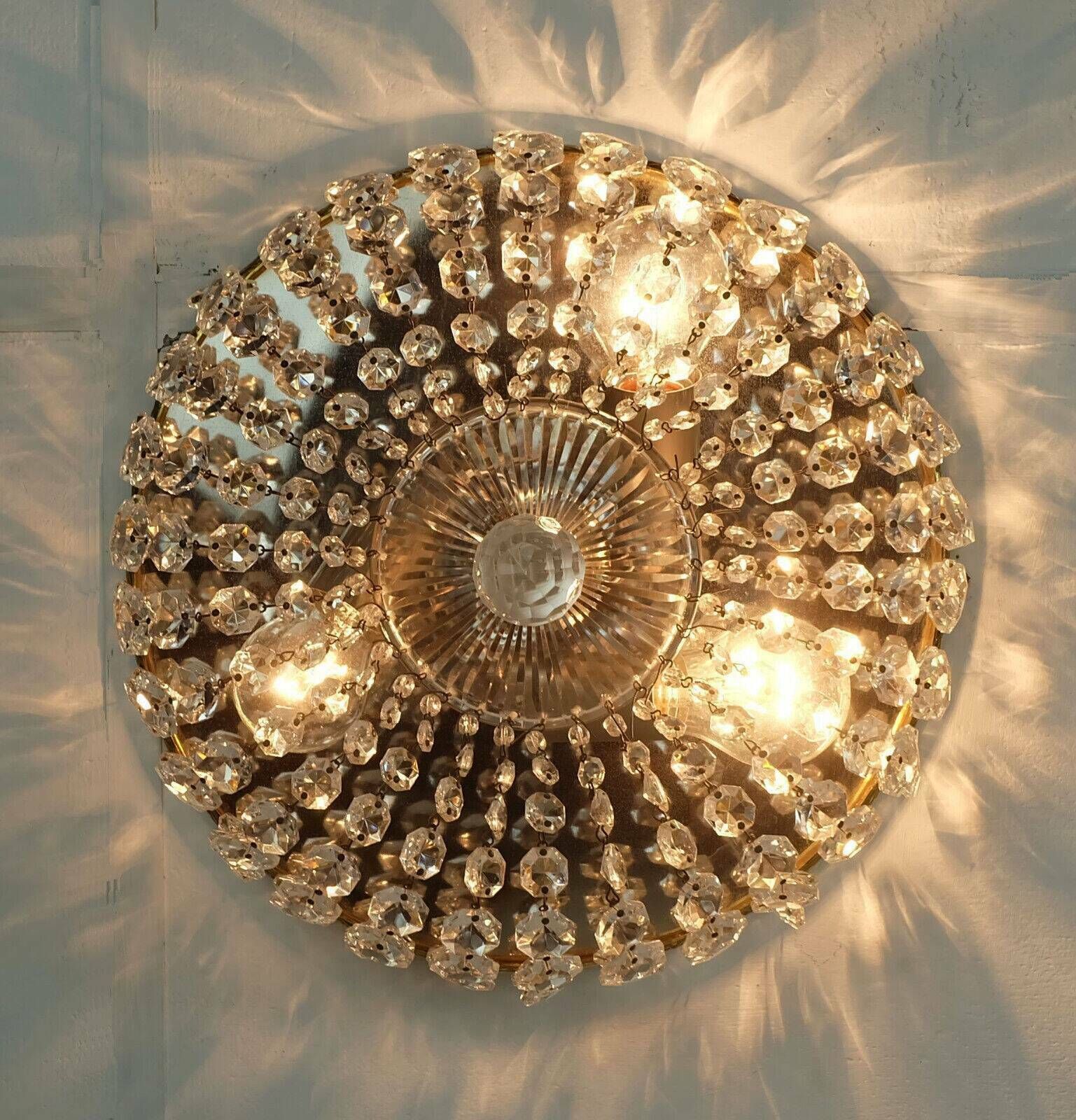 Lighting Crystal Glass Palwa Plafoniere Brass Metal 60s Hollywood Regency Style photo