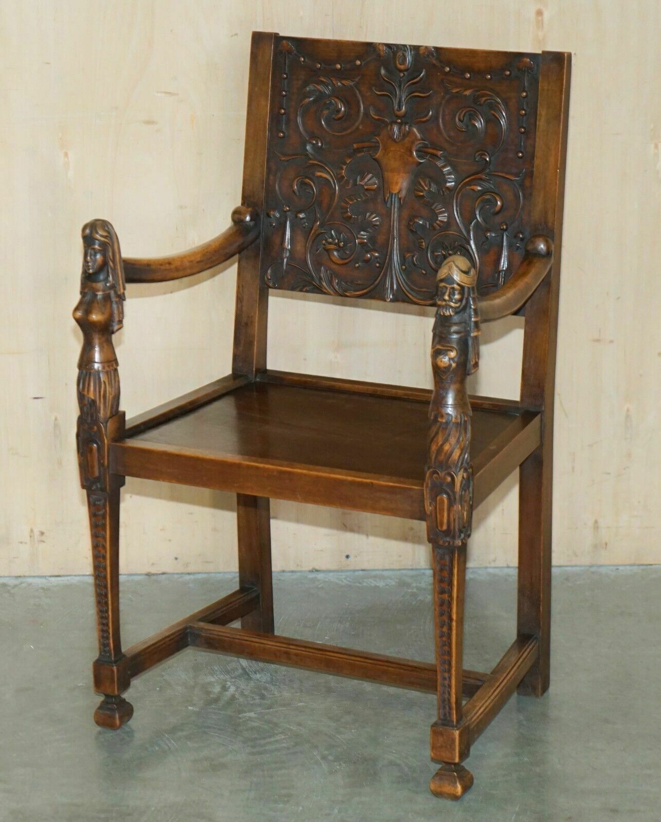 Furniture Pair Of Ornately Carved Neo Gothic Solid Walnut 19th Century Ceremony Armchairs photo