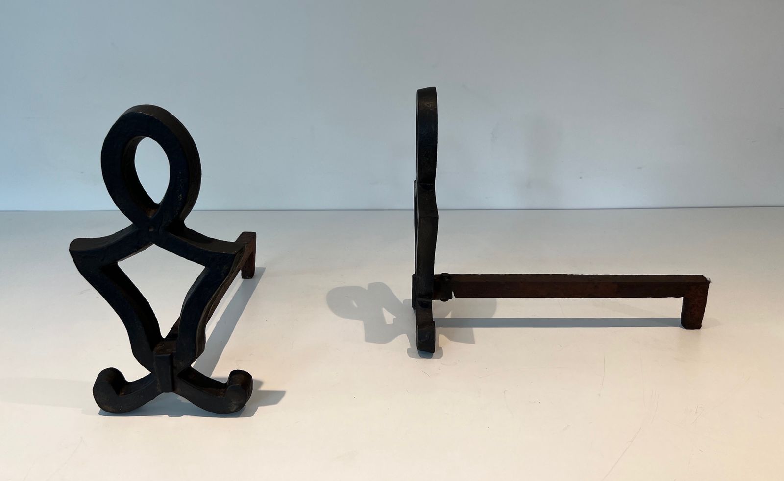 Pair Of Modernized Cast Iron And Wrought Iron Andirons By Raymond Subes photo 980.0