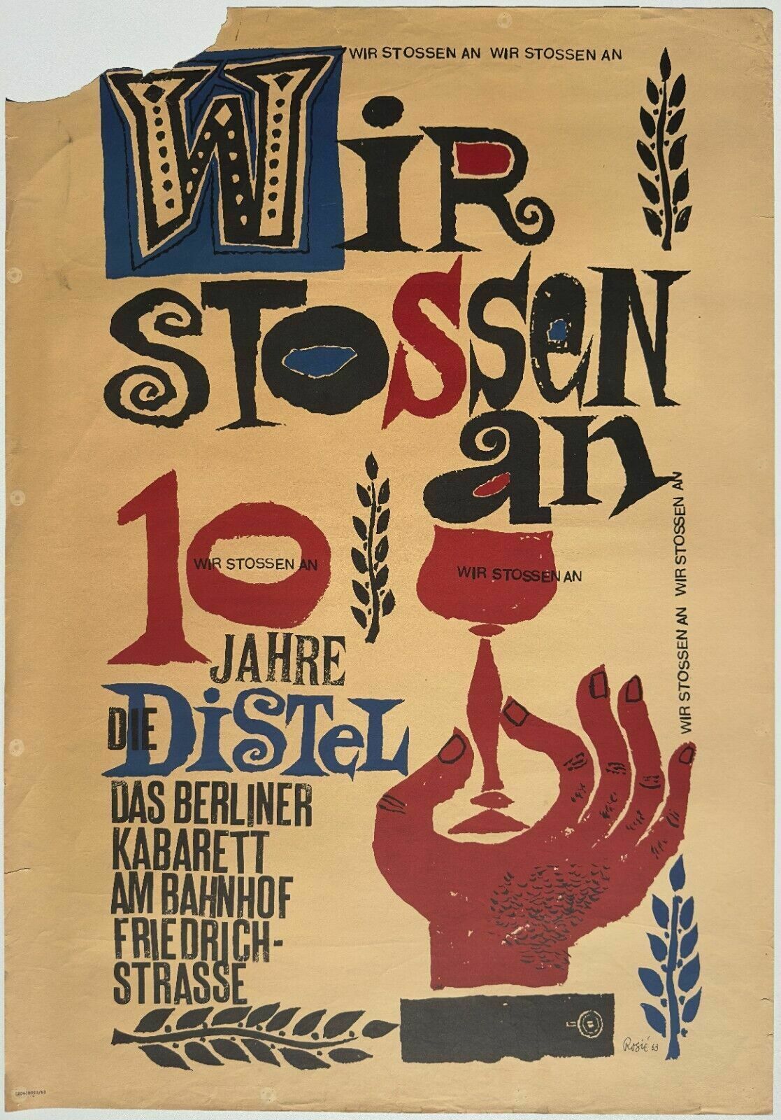 Das Berliner Kabarett   Poster Vintage Poster 1963 Wir Stossen An Distel