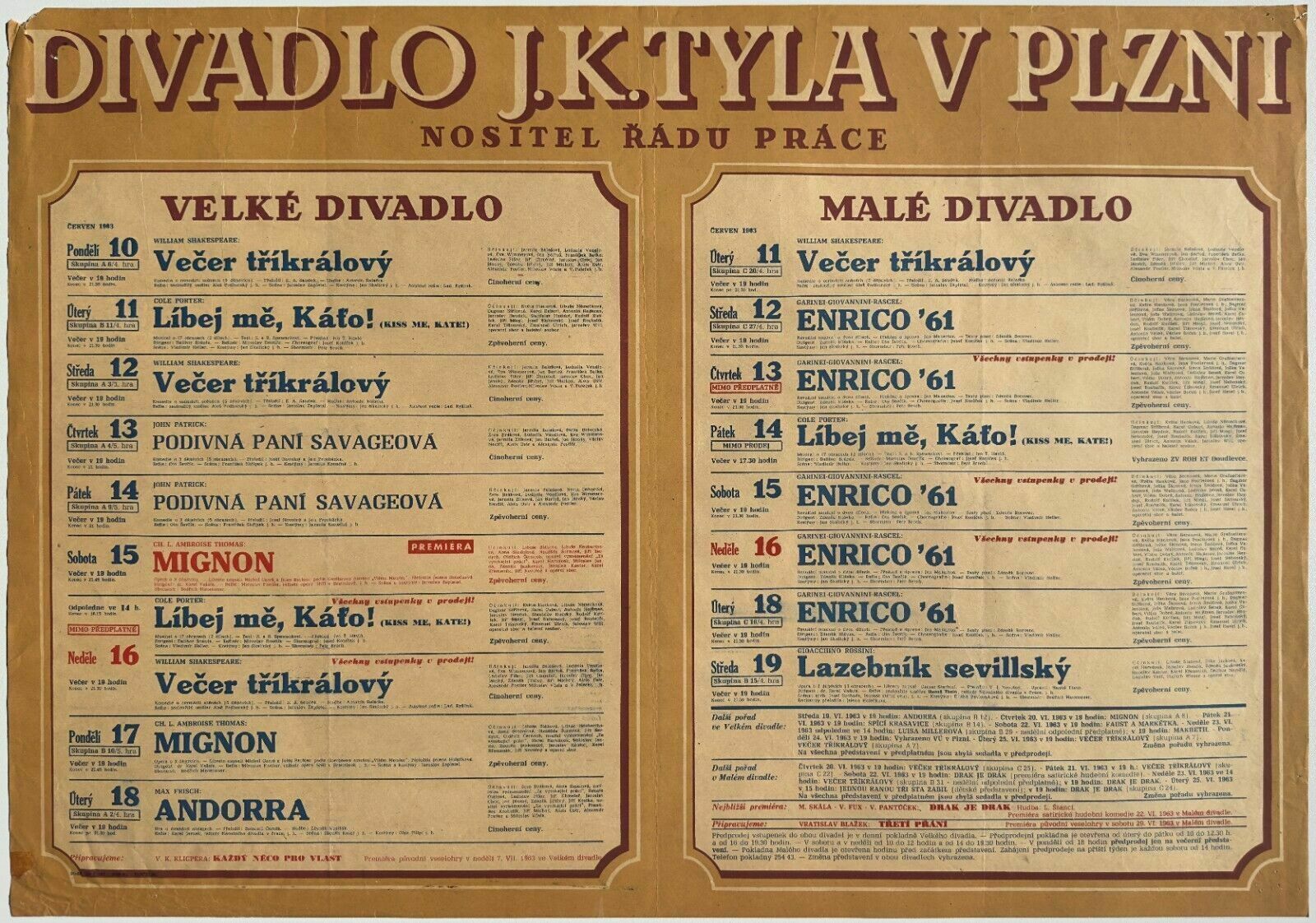 Vintage Bioscoopposter Slowakije Tsjecho Slowakije 1963 Divadlo Jk Tyla
