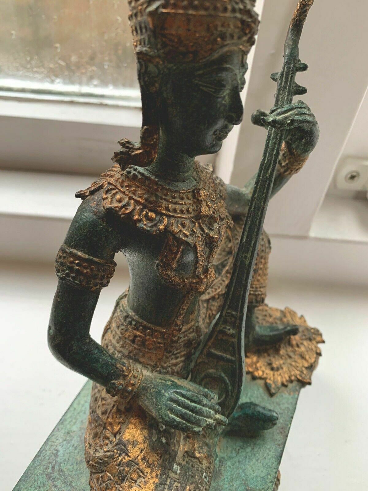 Antique Thai Prince Musician Gilded Bronze Statue Mandolin Music Player photo for sale